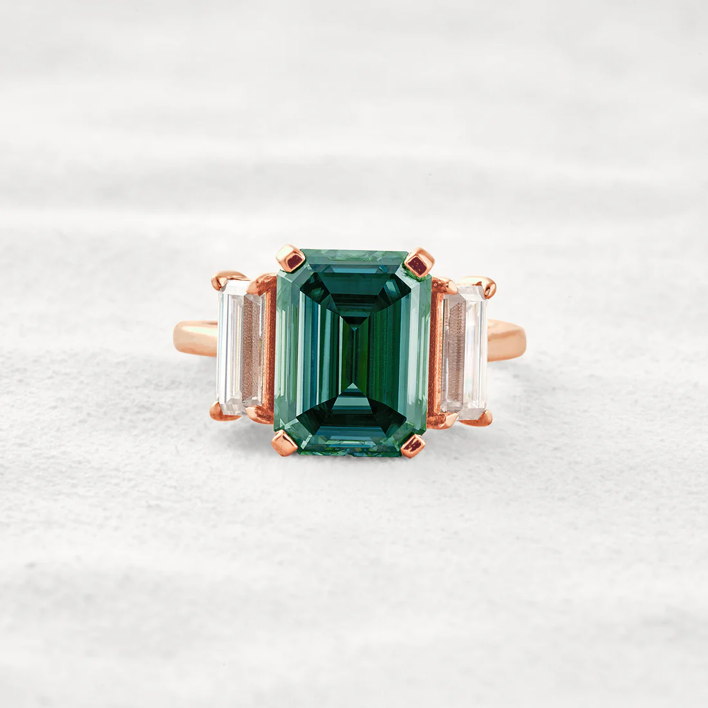 6.2 CT Dark Green Emerald-Cut Moissanite 3-Stone Ring Sterling Silver Classic Prong Setting Gift for Her
