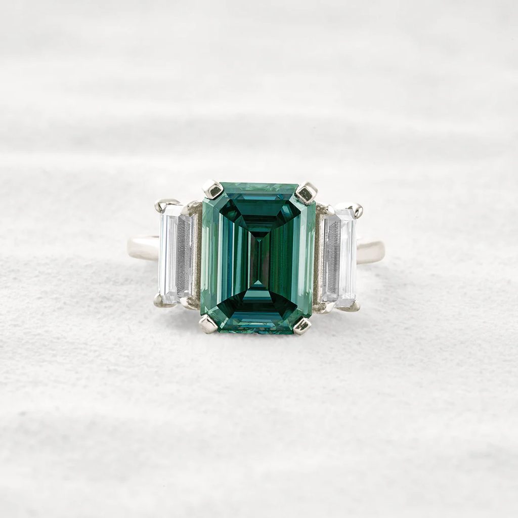 6.2 CT Dark Green Emerald-Cut Moissanite 3-Stone Ring Sterling Silver Classic Prong Setting Gift for Her