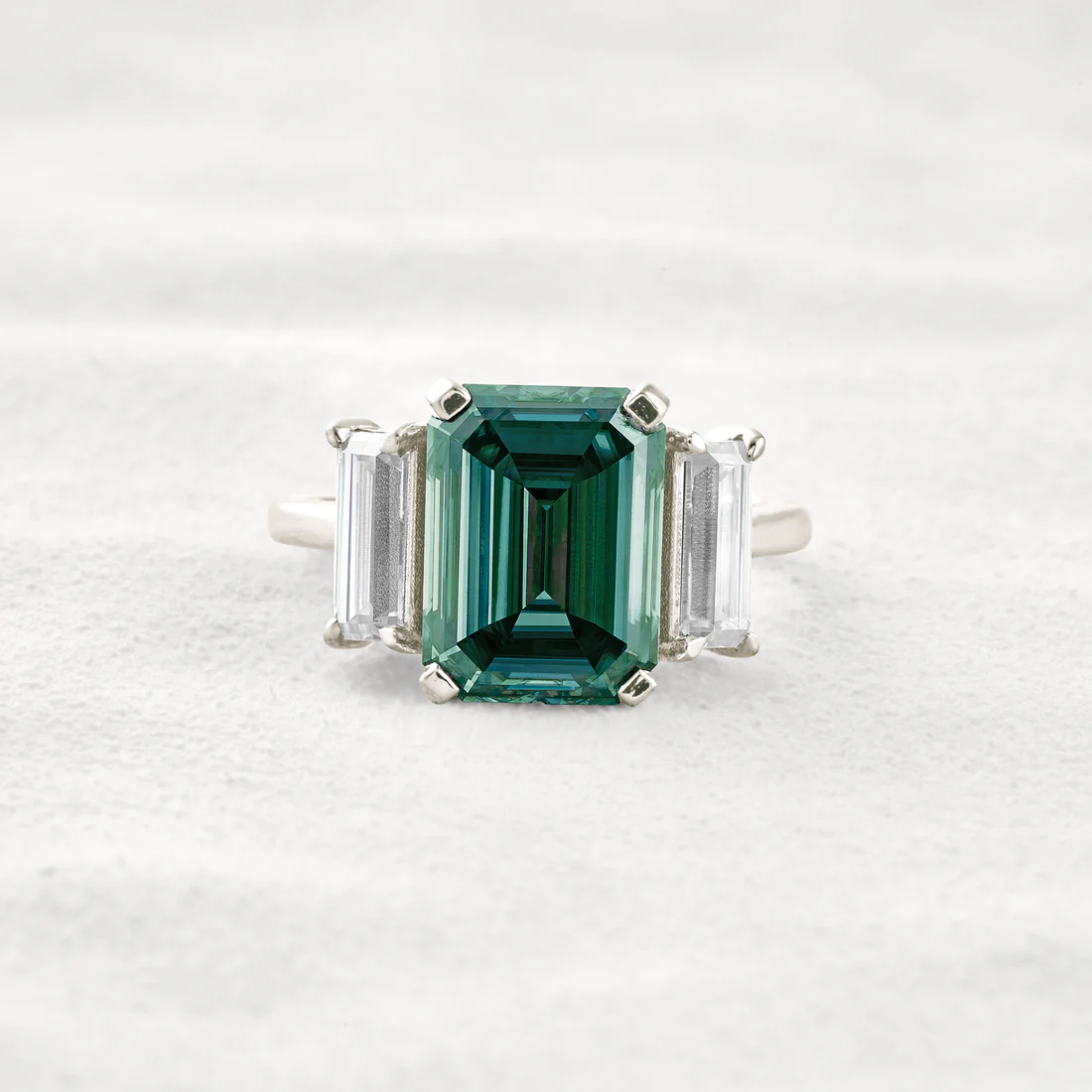 6.2 CT Dark Green Emerald-Cut Moissanite 3-Stone Ring Sterling Silver Classic Prong Setting Gift for Her