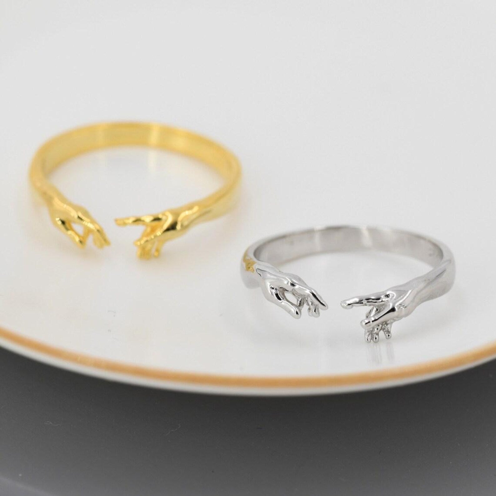 925 Sterling Silver Hand Motif Hug Ring | Adjustable Hand Motif Hug Ring