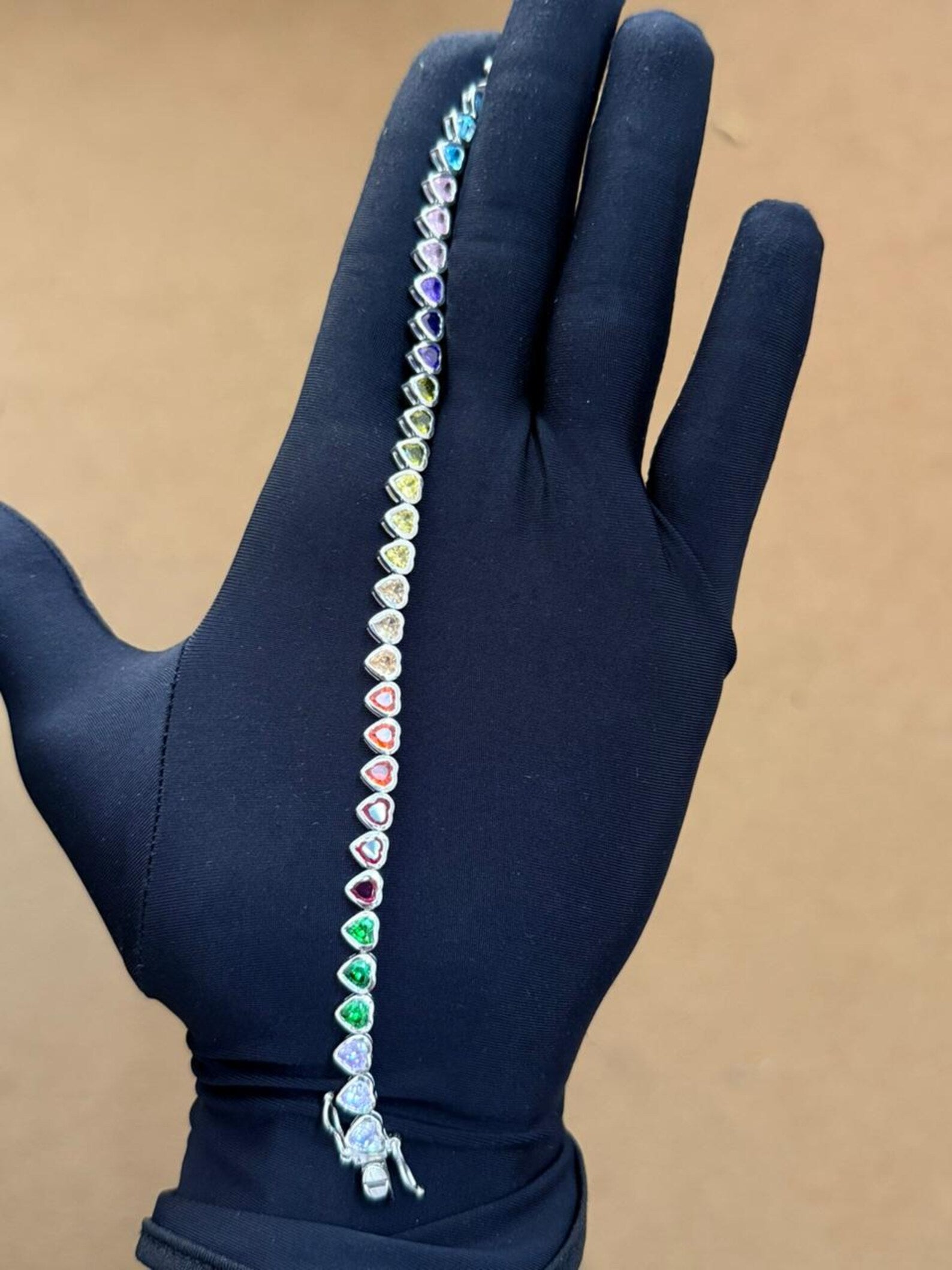 925 Sterling Silver Rainbow Sapphire Heart Bracelet – Bezel Setting Adjustable Bracelet,