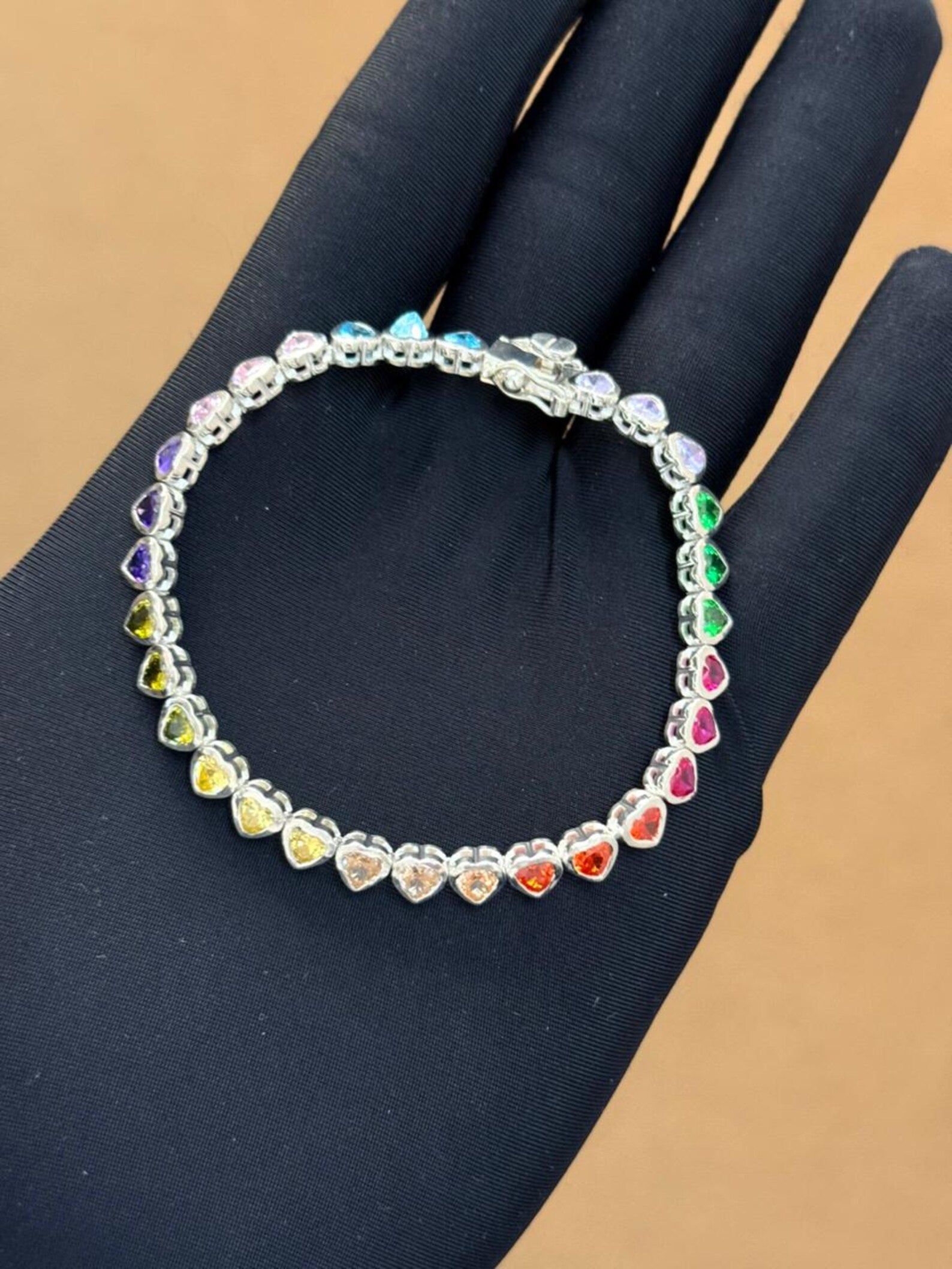 925 Sterling Silver Rainbow Sapphire Heart Bracelet – Bezel Setting Adjustable Bracelet,