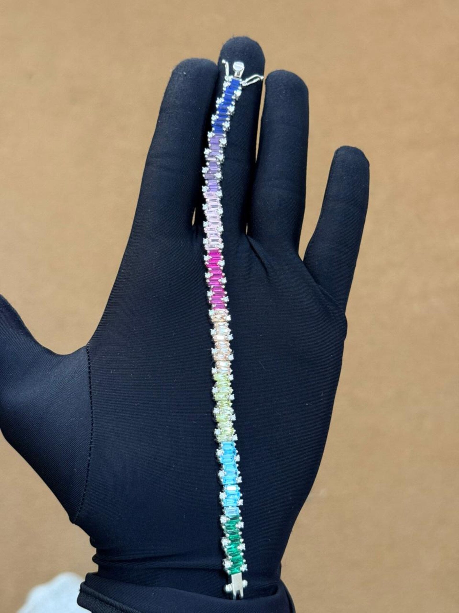 Rainbow Sapphire Baguette Bracelet in 925 Sterling Silver