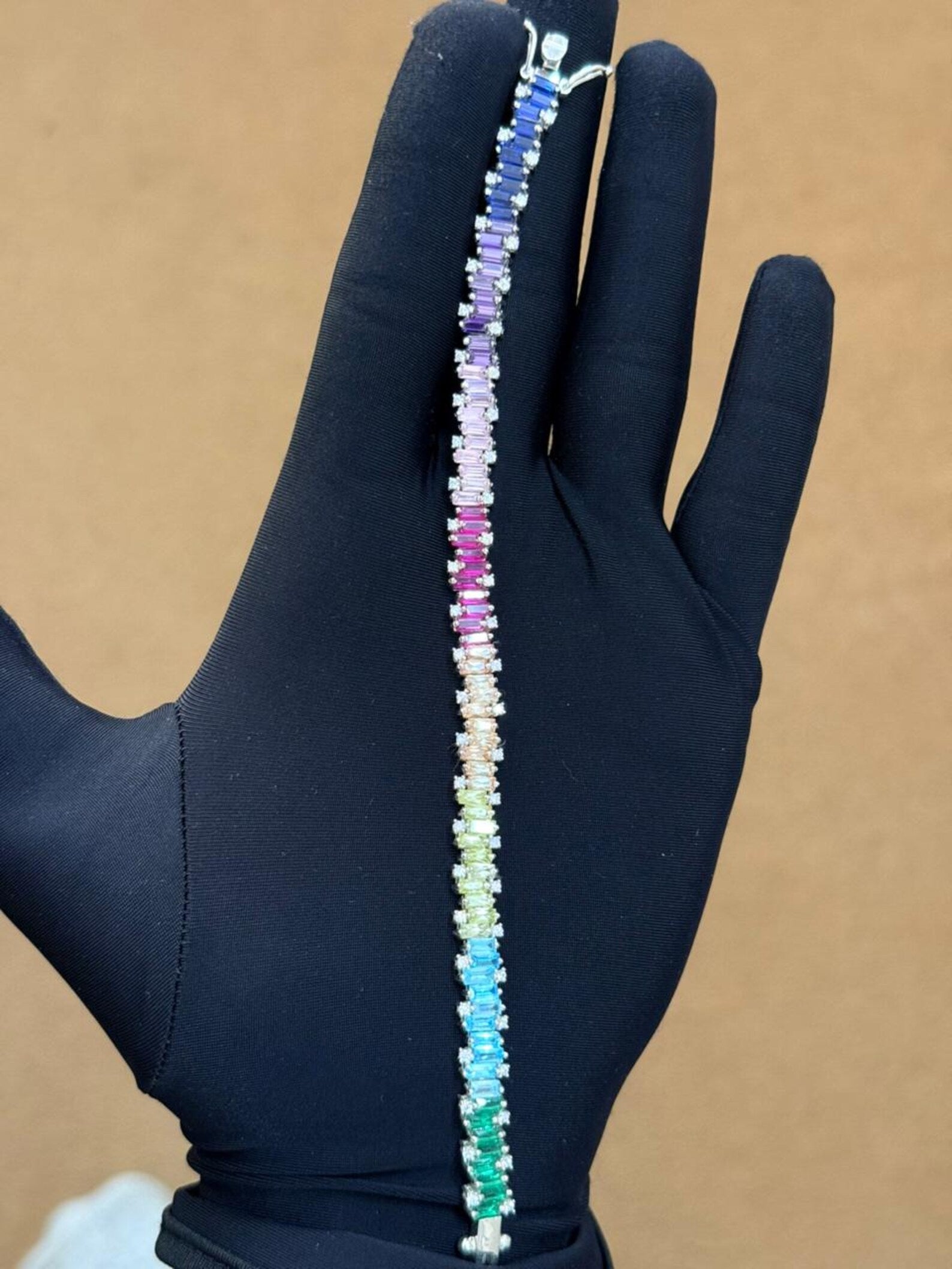 Rainbow Sapphire Baguette Bracelet in 925 Sterling Silver