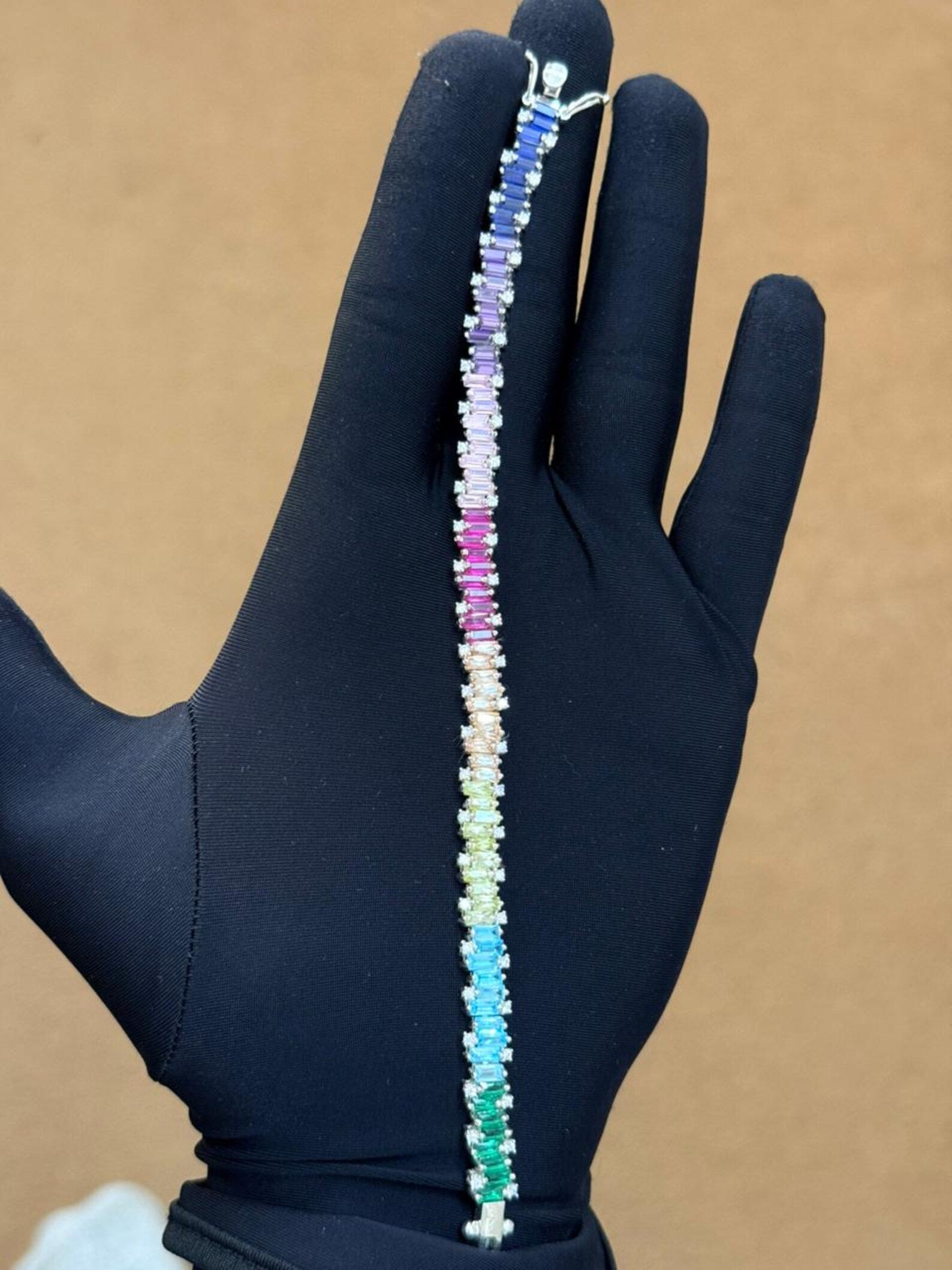 Rainbow Sapphire Baguette Bracelet in 925 Sterling Silver