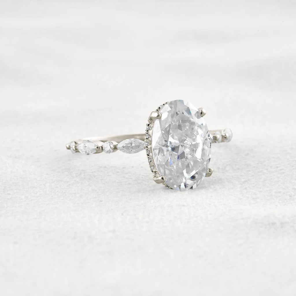 4 Carat Oval Moissanite Diamond Engagement Ring Sterling Silver with Halo & Pave Setting