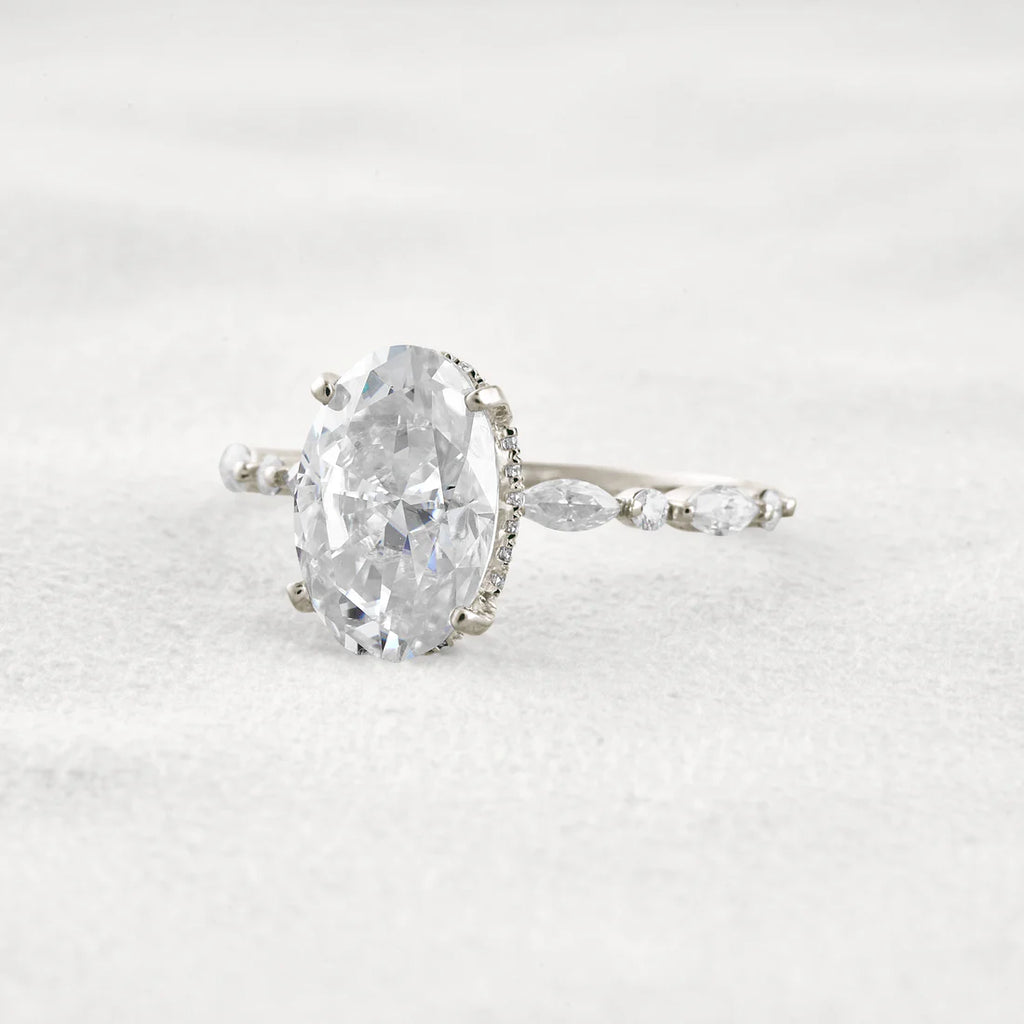 4 Carat Oval Moissanite Diamond Engagement Ring Sterling Silver with Halo & Pave Setting