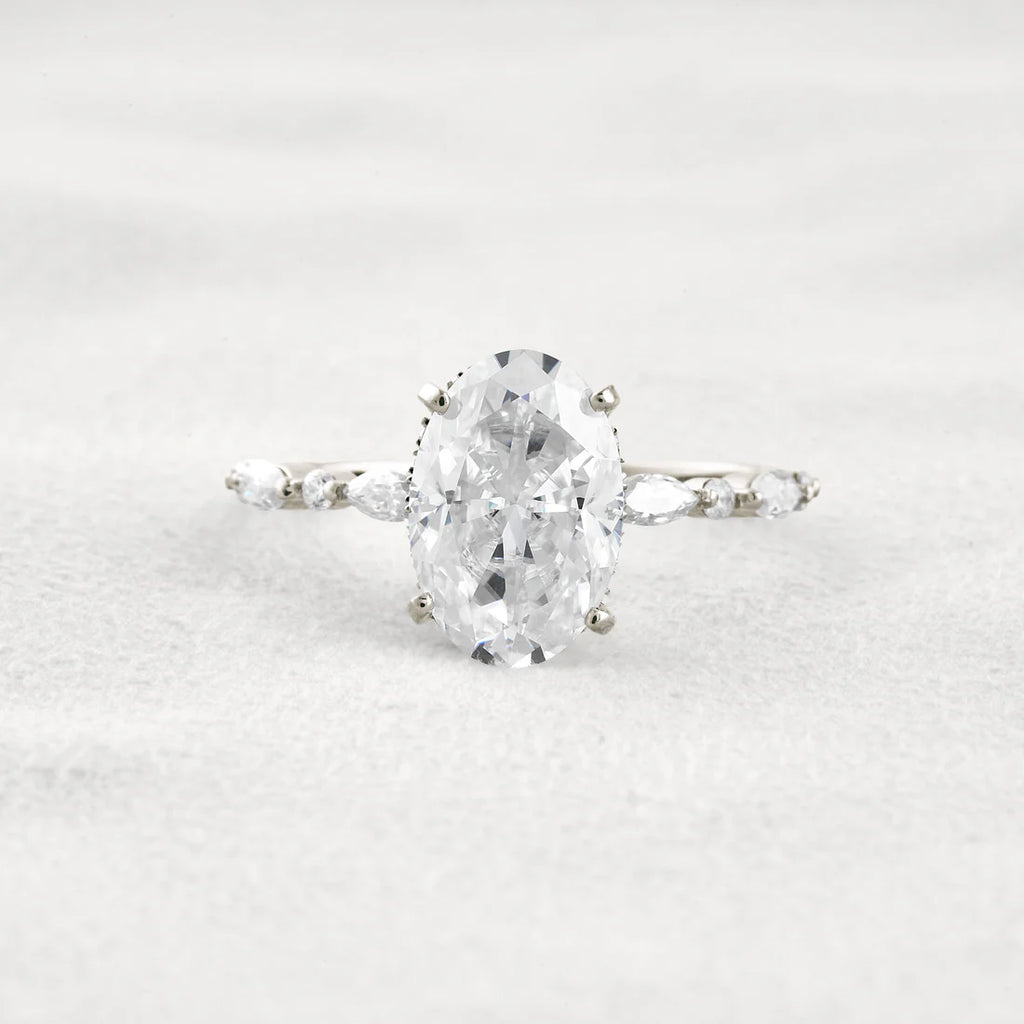 4 Carat Oval Moissanite Diamond Engagement Ring Sterling Silver with Halo & Pave Setting