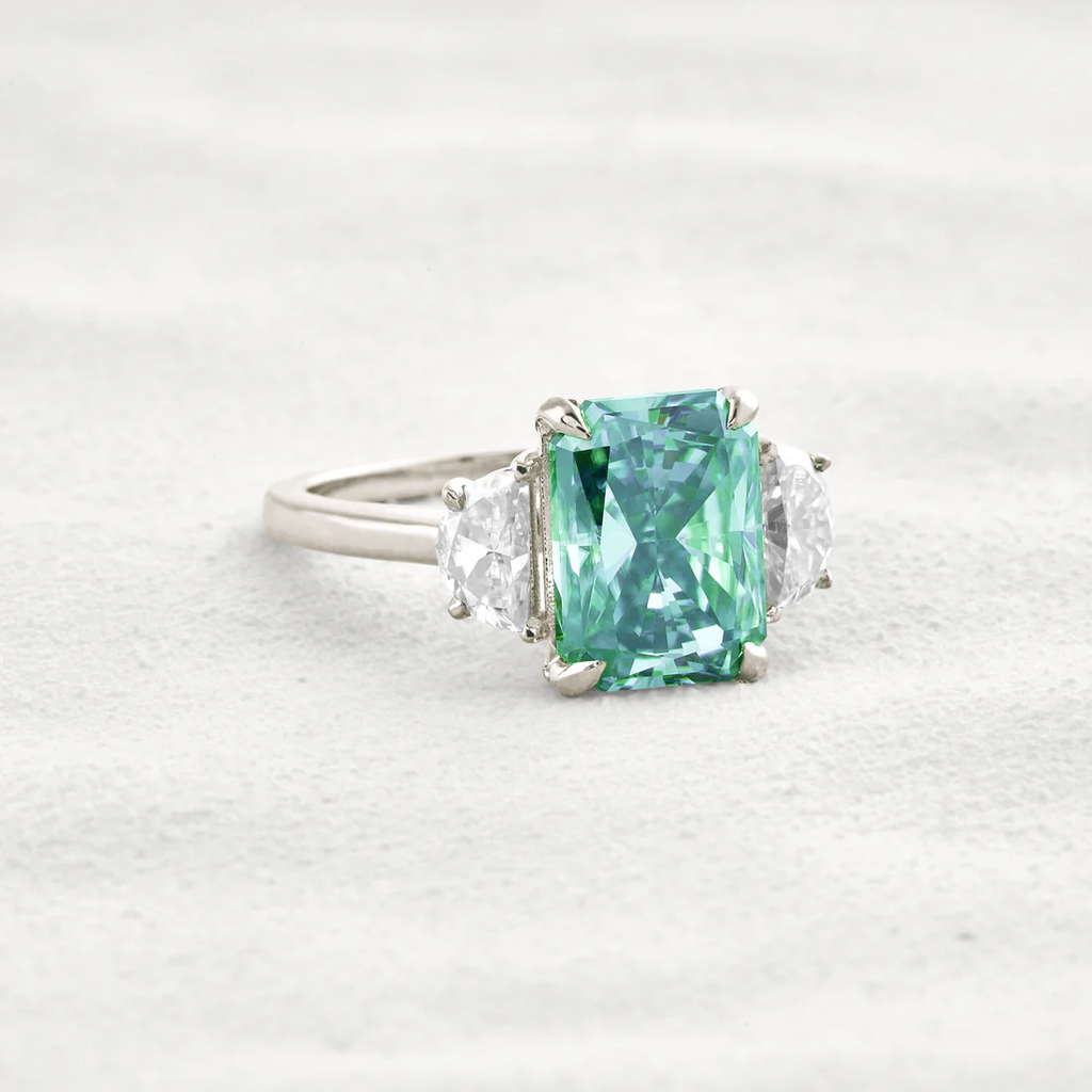 4.4 CT Three-Stone Moissanite Ring Green Radiant Cut Sterling Silver Classic Elegant Ring for Women