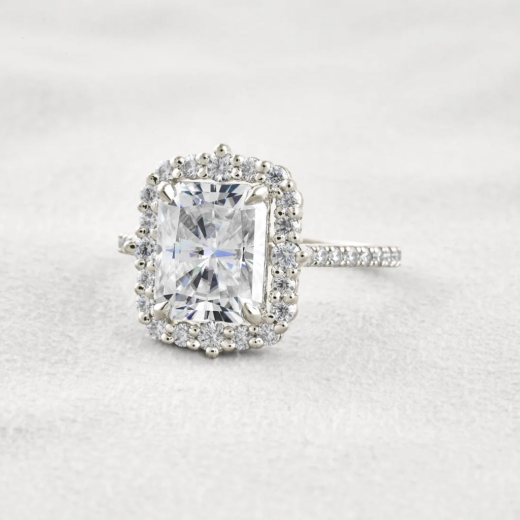 3.24CT Radiant Cut Moissanite Engagement Ring Halo & Pave Diamond Band Wedding Band