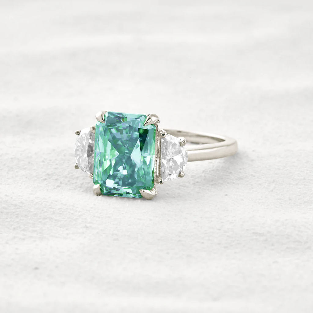4.4 CT Three-Stone Moissanite Ring Green Radiant Cut Sterling Silver Classic Elegant Ring for Women