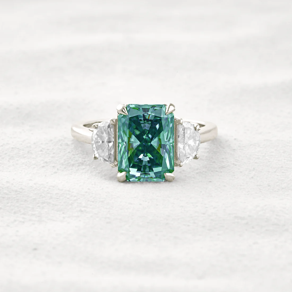 4.4 CT Three-Stone Moissanite Ring Green Radiant Cut Sterling Silver Classic Elegant Ring for Women