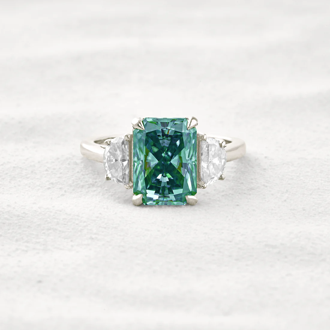 4.4 CT Three-Stone Moissanite Ring Green Radiant Cut Sterling Silver Classic Elegant Ring for Women