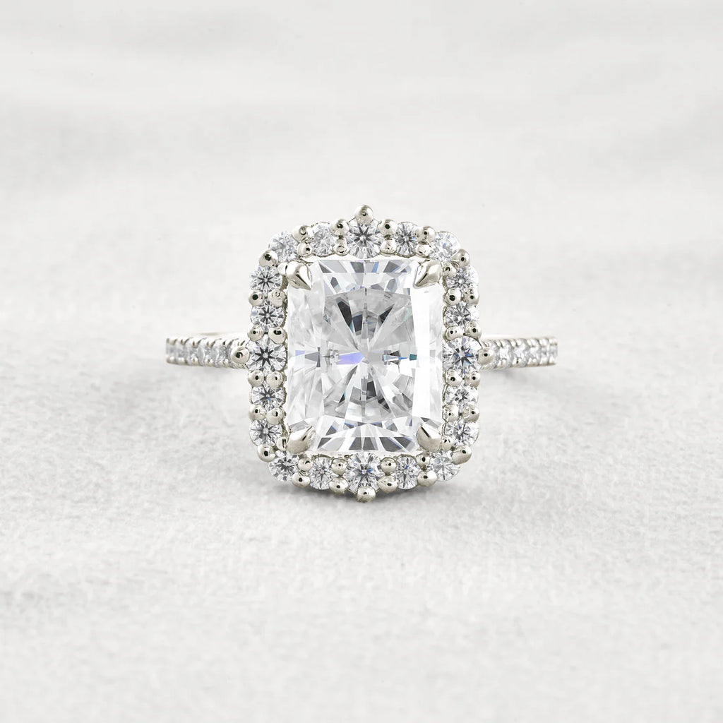 3.24CT Radiant Cut Moissanite Engagement Ring Halo & Pave Diamond Band Wedding Band