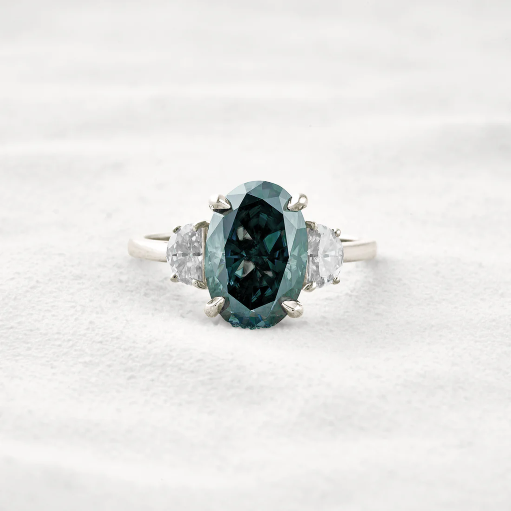 4 CT Oval Dark Green Moissanite 3-Stone Ring Sterling Silver Bridal, Statement, or Gift Jewelry
