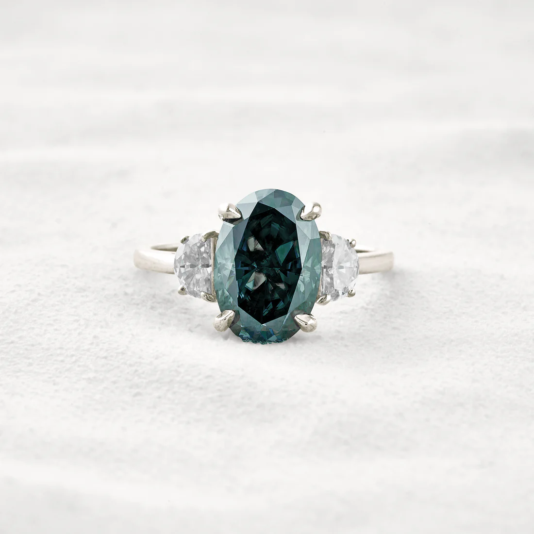4 CT Oval Dark Green Moissanite 3-Stone Ring Sterling Silver Bridal, Statement, or Gift Jewelry