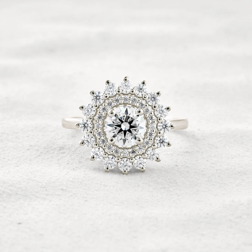1 CT Round Cut Moissanite Engagement Ring Double Halo Bridal Jewelry Customiseable