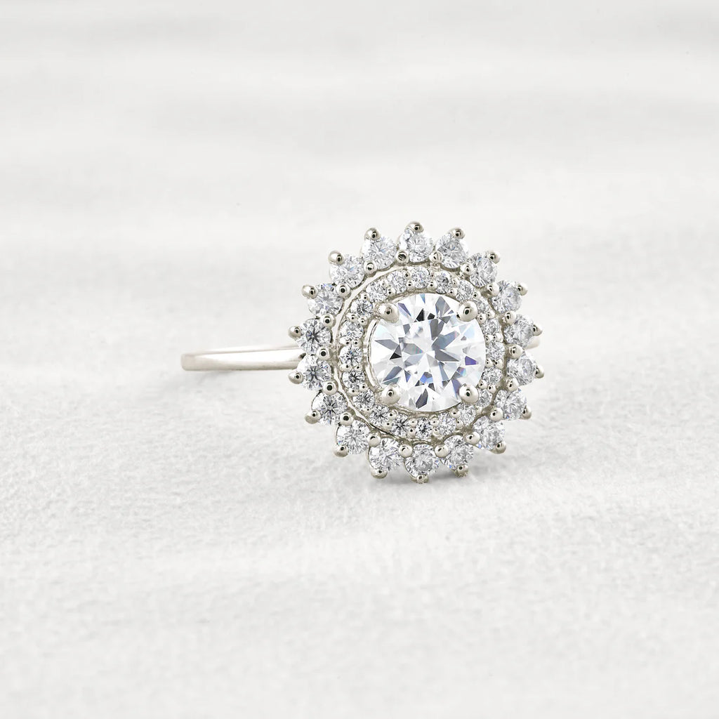 1CT Round Cut Double Halo Moissanite Diamond Engagement Ring in Sterling Silver