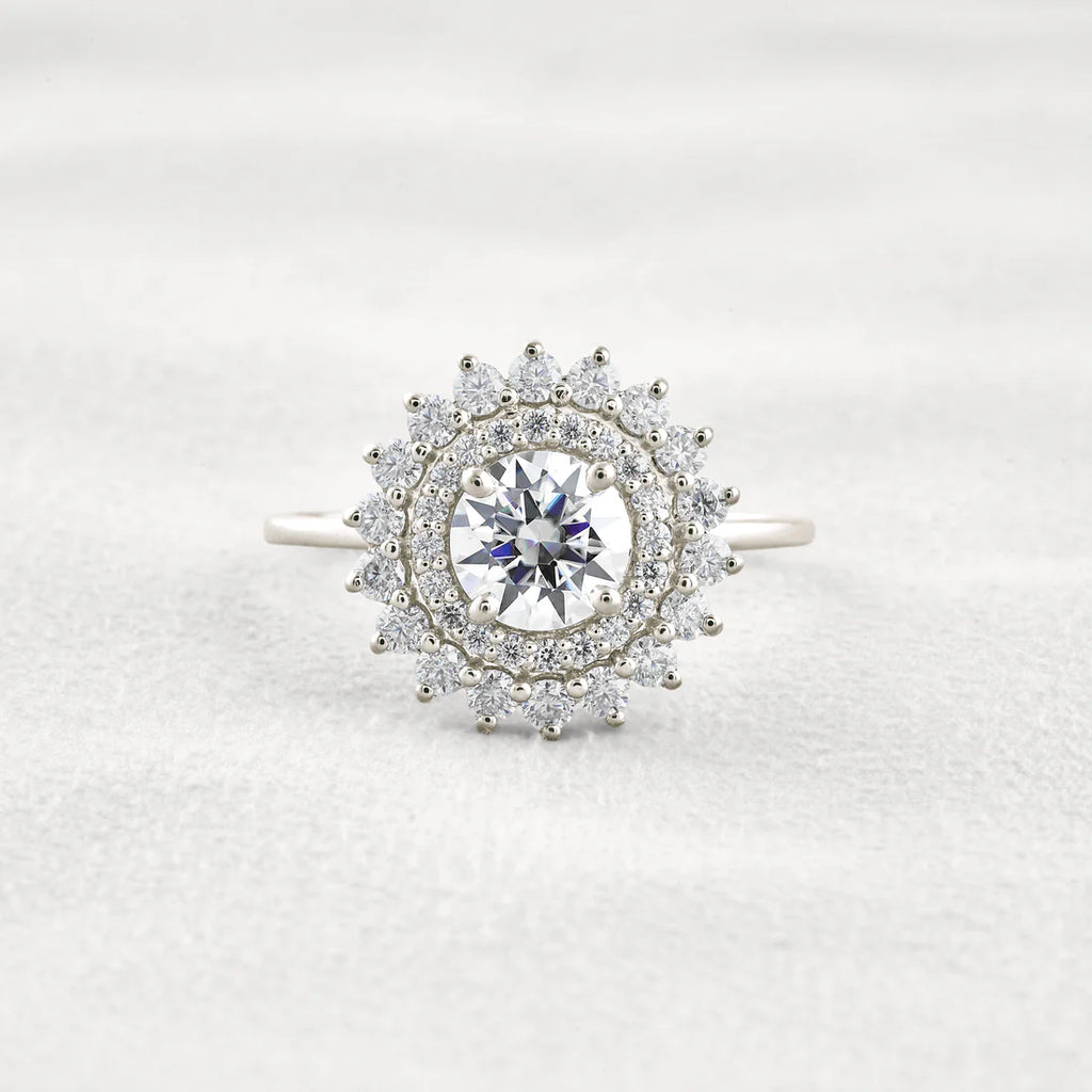 1CT Round Cut Double Halo Moissanite Diamond Engagement Ring in Sterling Silver