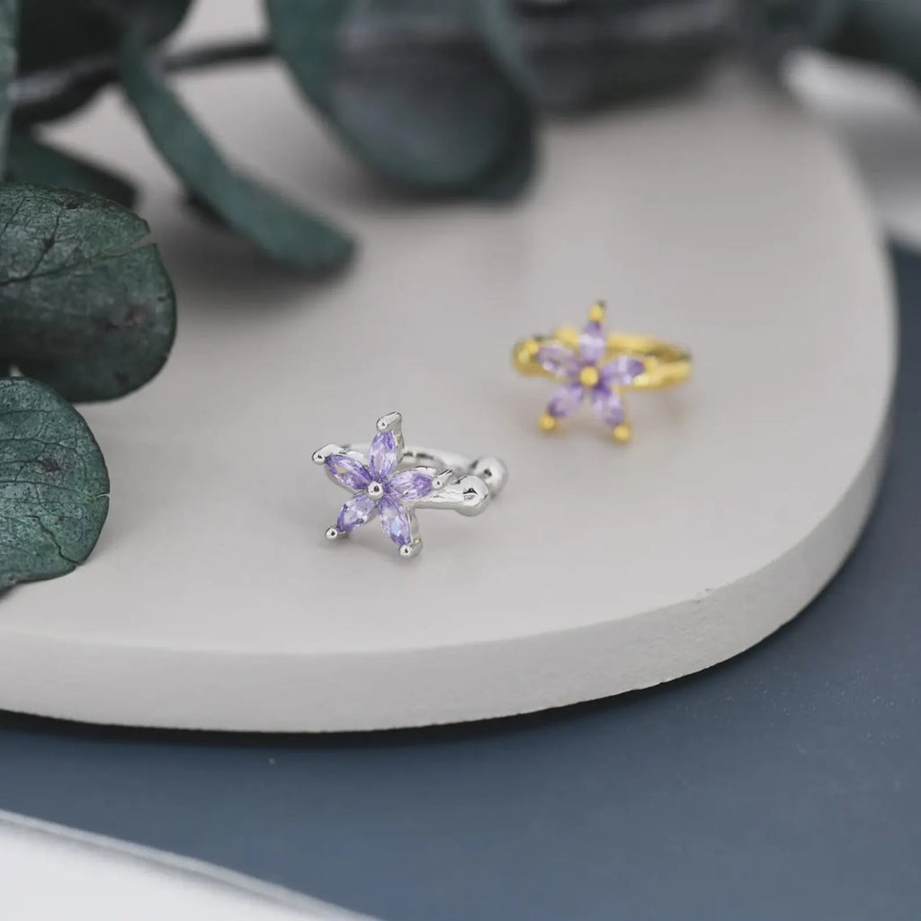 925 Sterling Silver Ear Cuff with Lilac CZ Flower