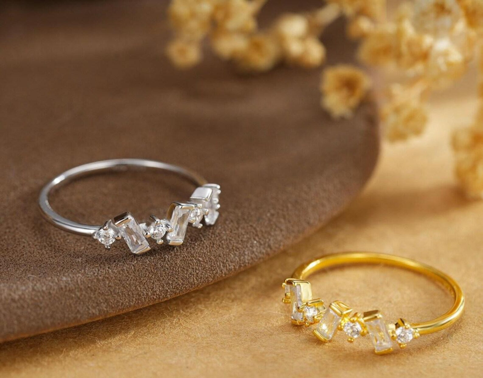 925 Sterling Silver Baguette CZ Ring | Gold Plated Minimalist Statement Ring