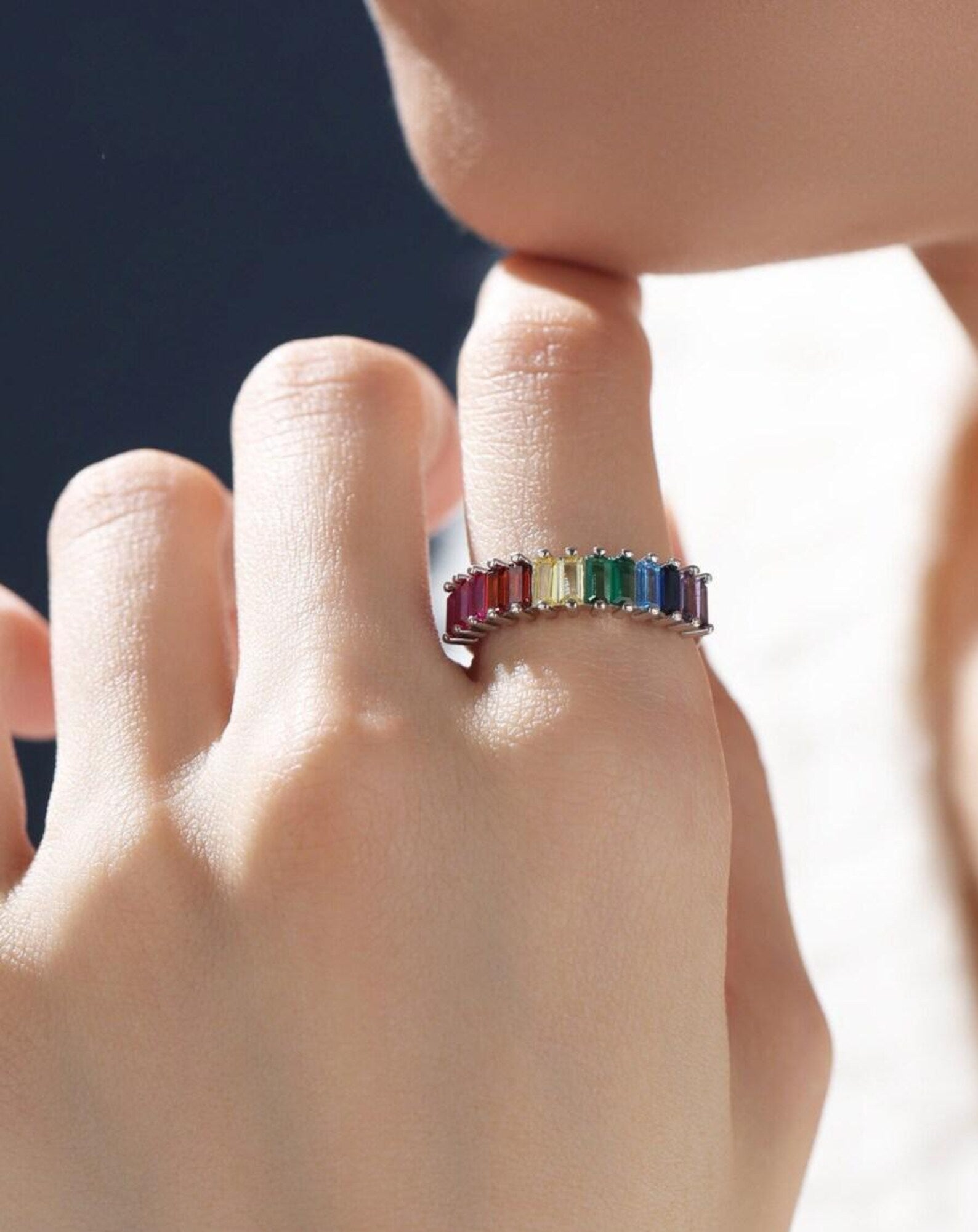 925 Sterling Silver Rainbow Rainbow Colour Baguette CZ Ring