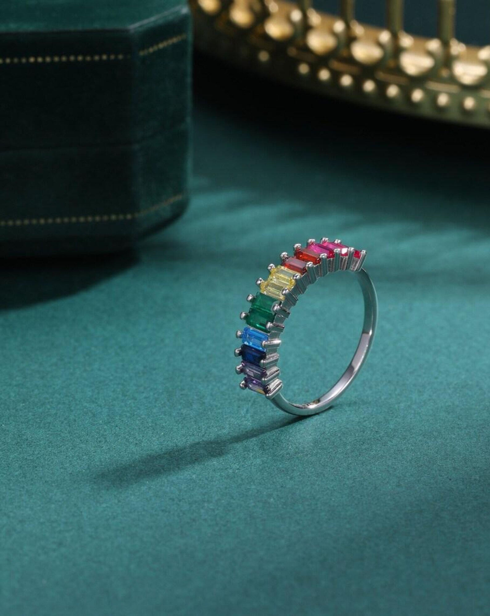 925 Sterling Silver Rainbow Rainbow Colour Baguette CZ Ring