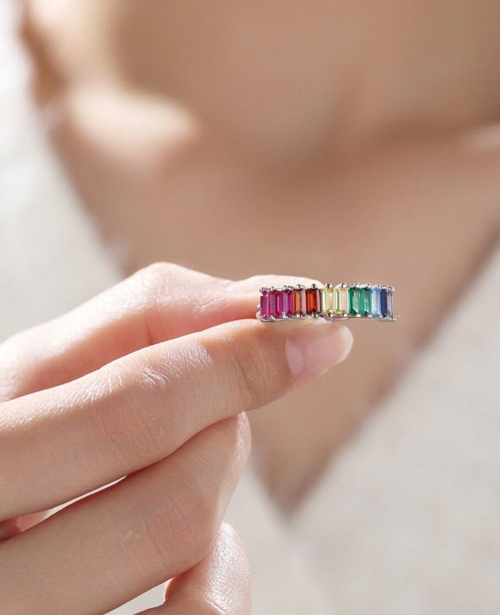 925 Sterling Silver Rainbow Rainbow Colour Baguette CZ Ring