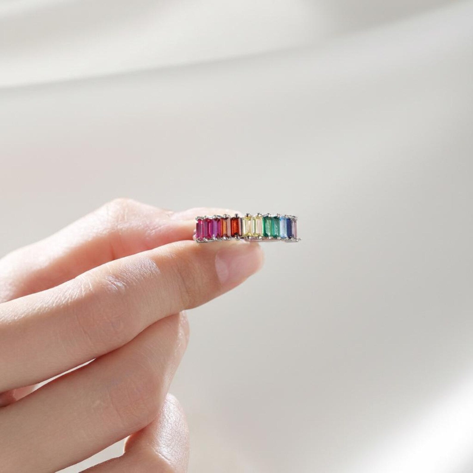 925 Sterling Silver Rainbow Rainbow Colour Baguette CZ Ring