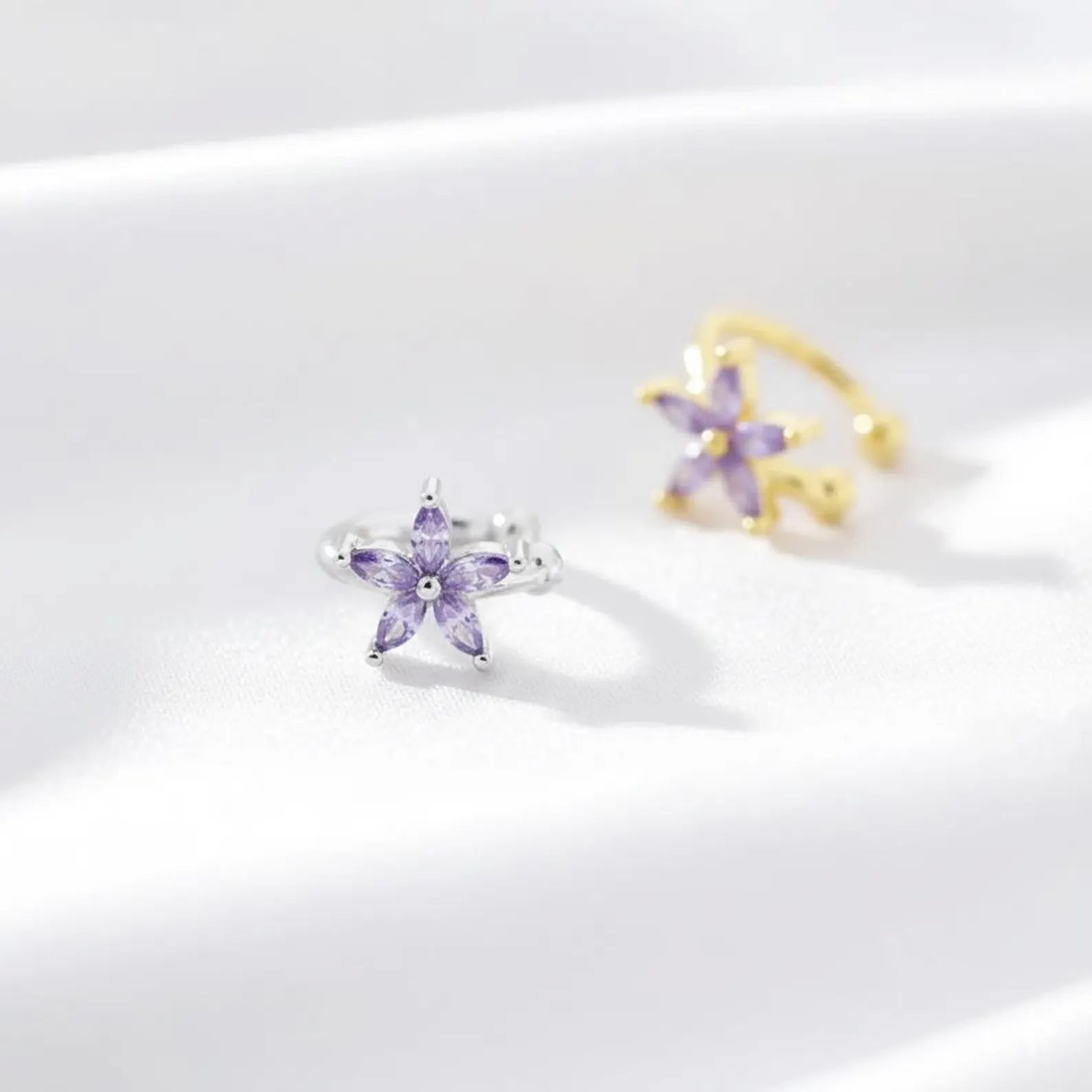 925 Sterling Silver Ear Cuff with Lilac CZ Flower