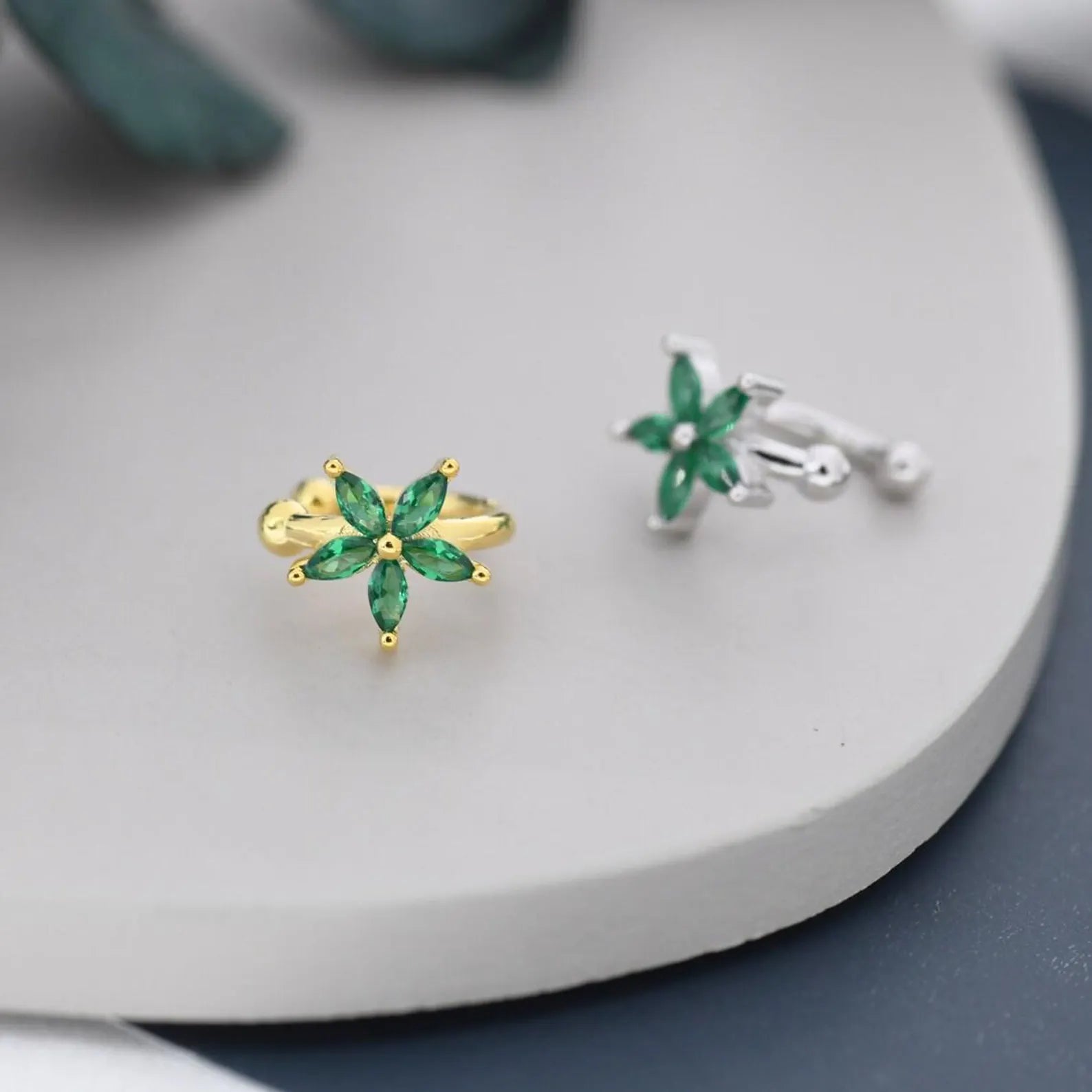 Emerald Green CZ Flower Ear Cuff Everyday Wear Gift for Her