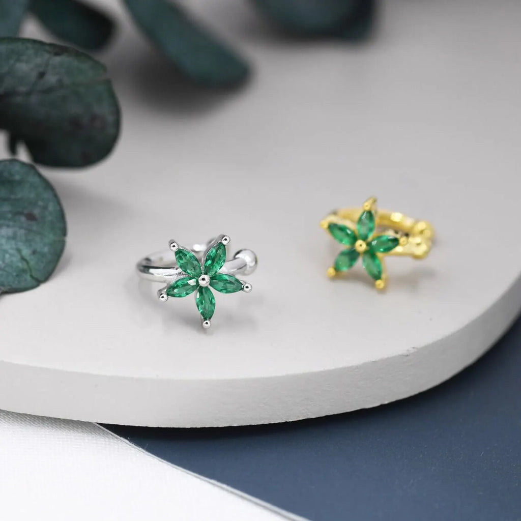 Emerald Green CZ Flower Ear Cuff Everyday Wear Gift for Her