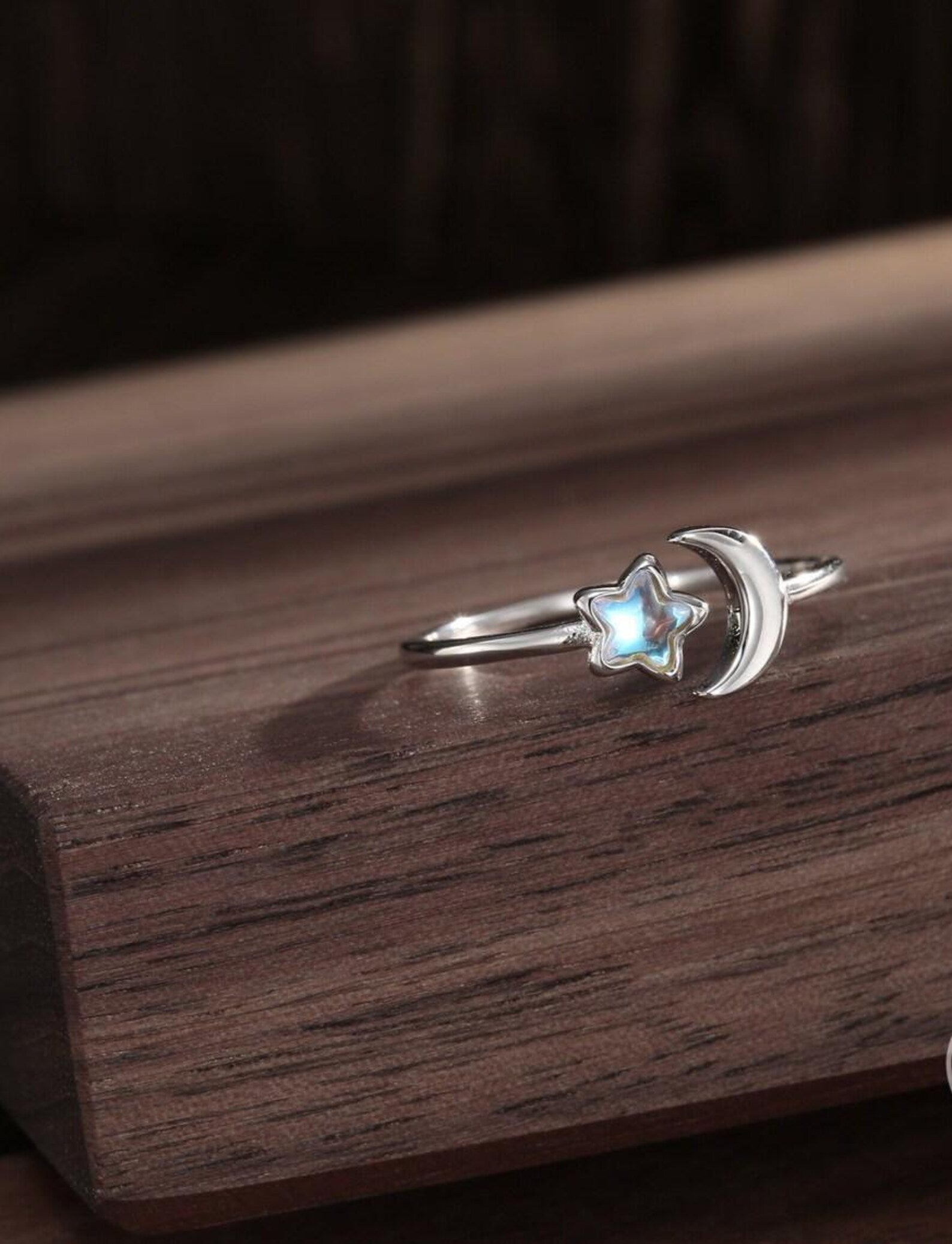 925 Sterling Silver Moonstone Star and Moon Ring