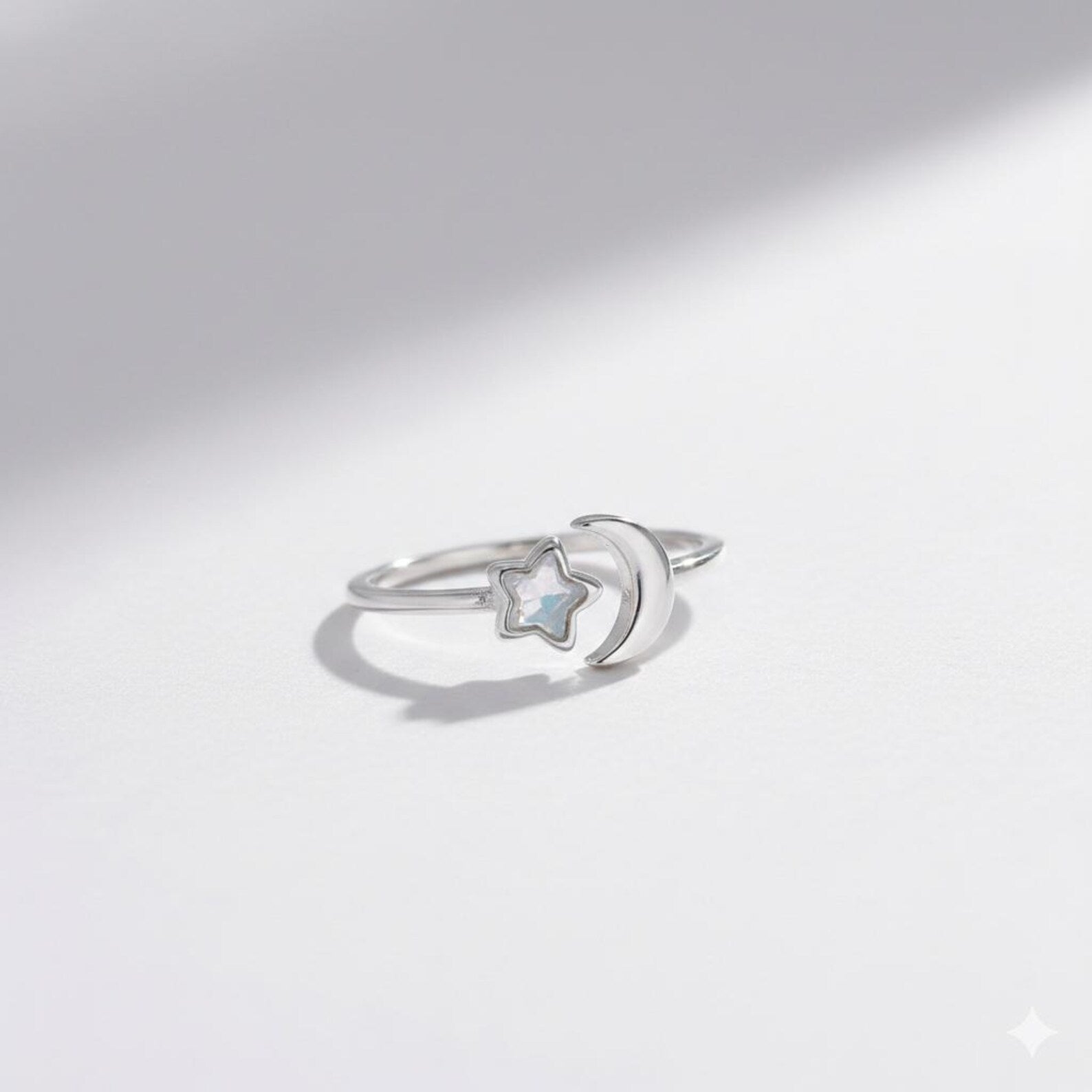 925 Sterling Silver Moonstone Star and Moon Ring