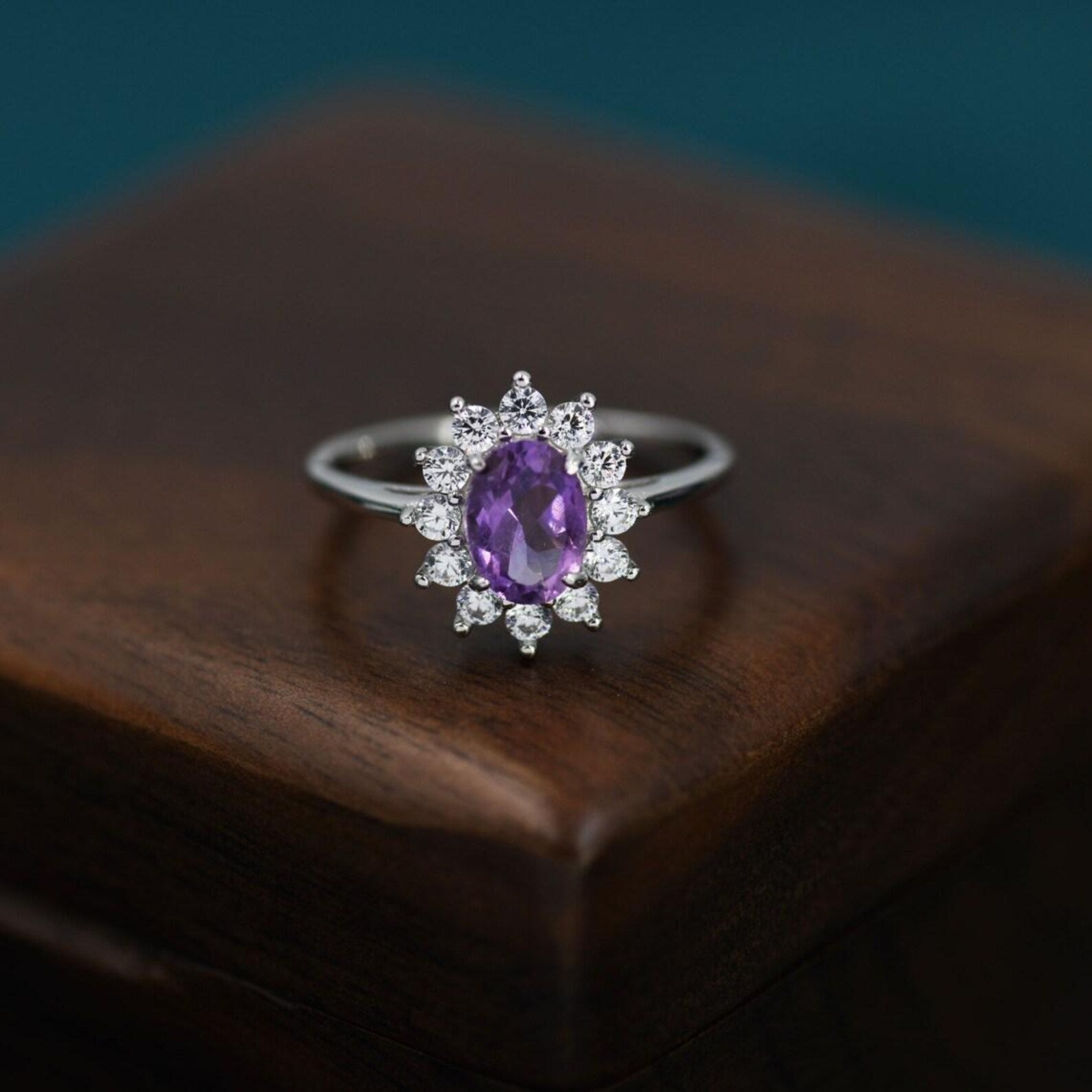 Vintage 925 Sterling Silver Amethyst and CZ Halo Ring