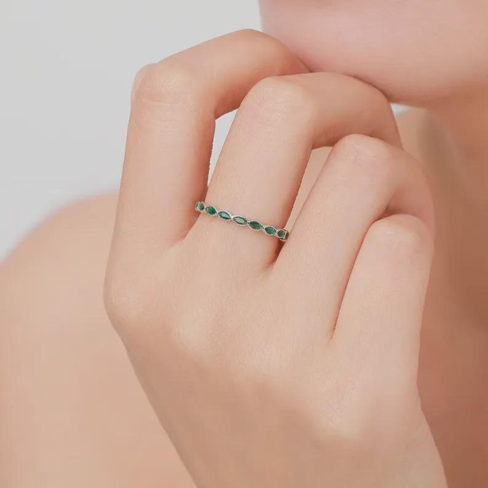 925 Sterling Silver Emerald Marquise CZ Infinity Ring