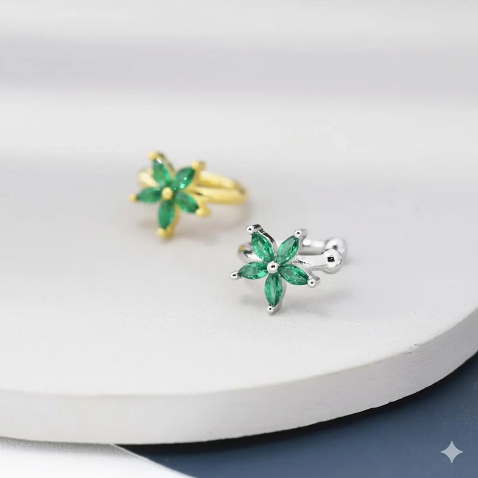 Emerald Green CZ Flower Ear Cuff Everyday Wear Gift for Her