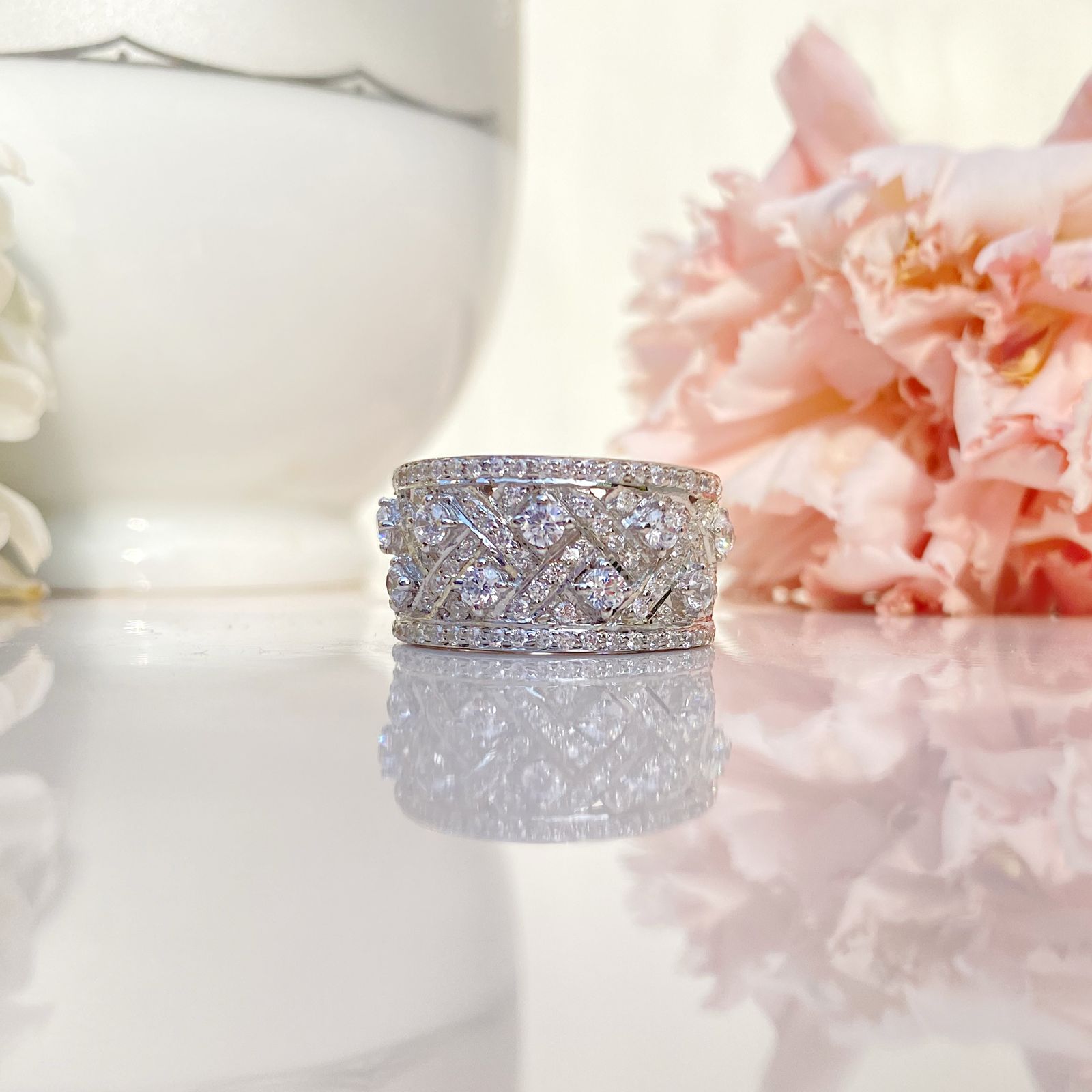 925 Sterling Silver CZ Wide Band Ring – Criss-Cross Pave Design, Statement Cocktail Ring