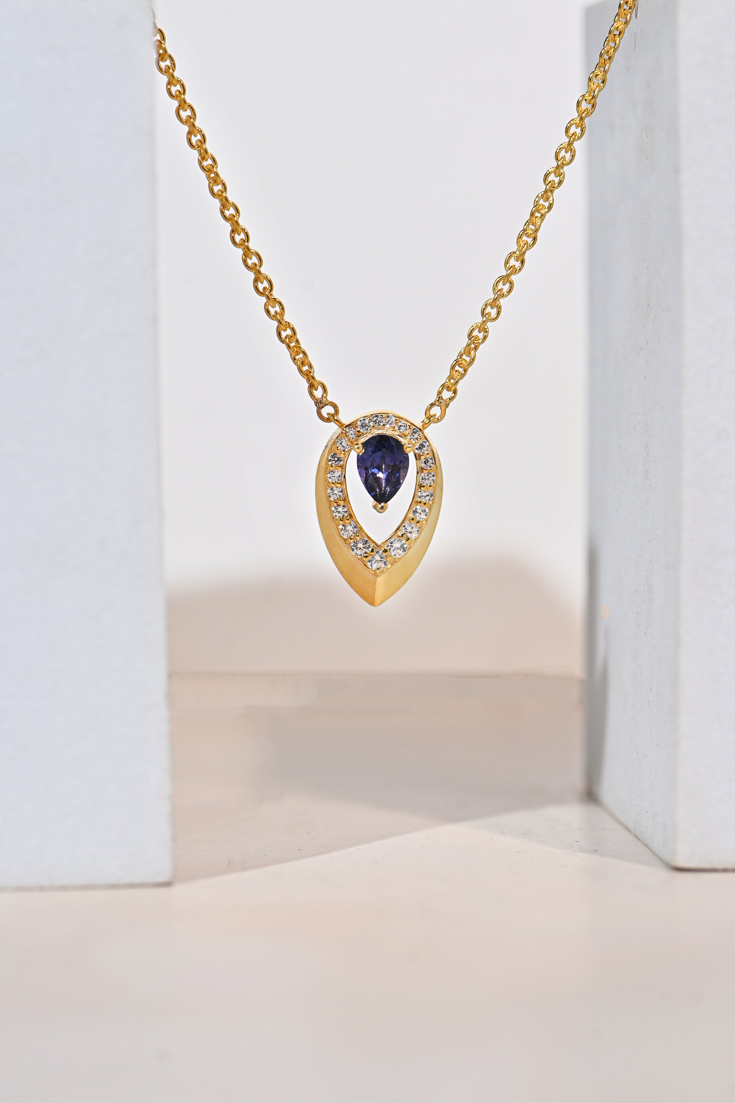 Pear-Cut Alexandrite Pendant Necklace with Moissanite Halo - 925 Silver with Gold Plating