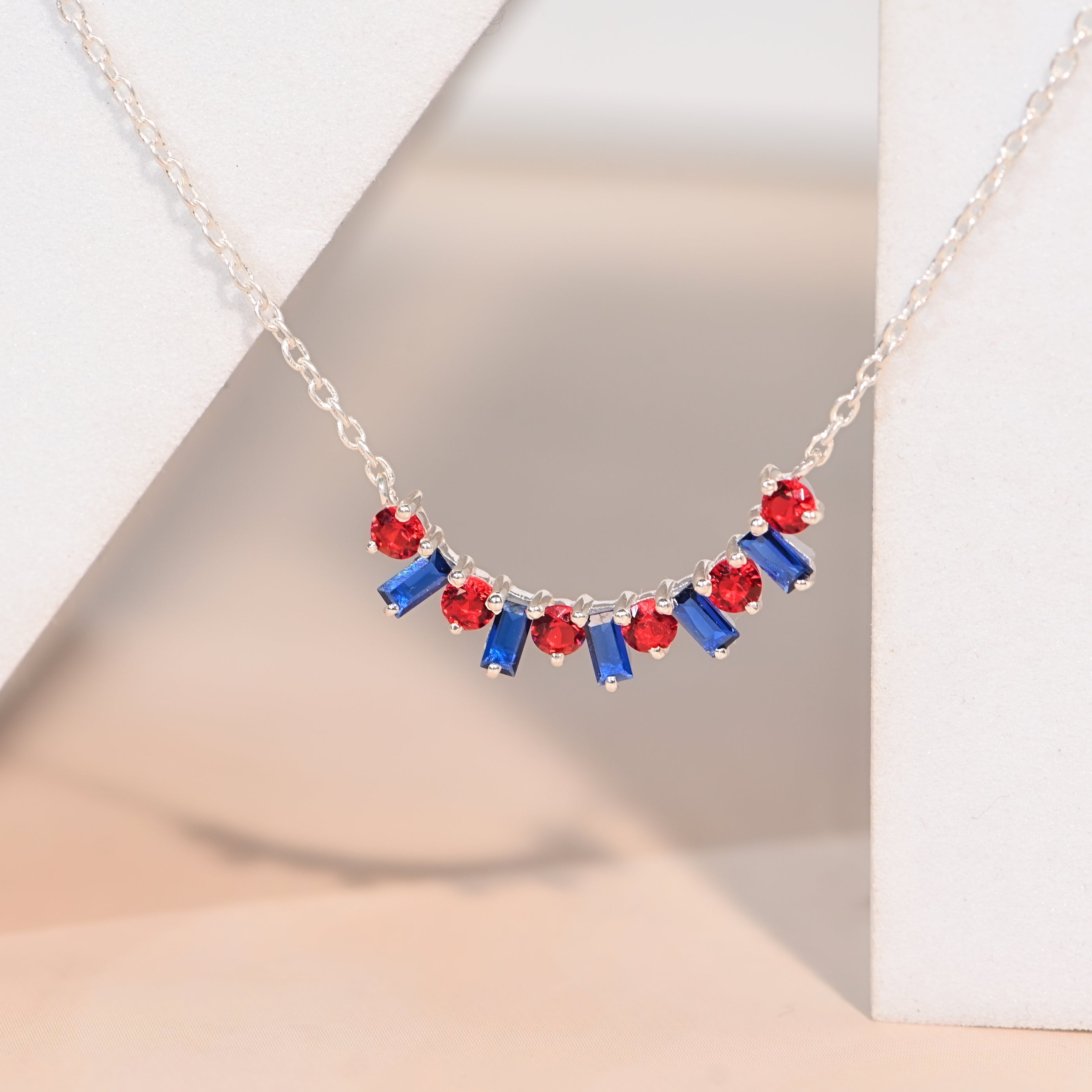 Red & Blue Lab-Created Sapphire Necklace – 925 Sterling Silver