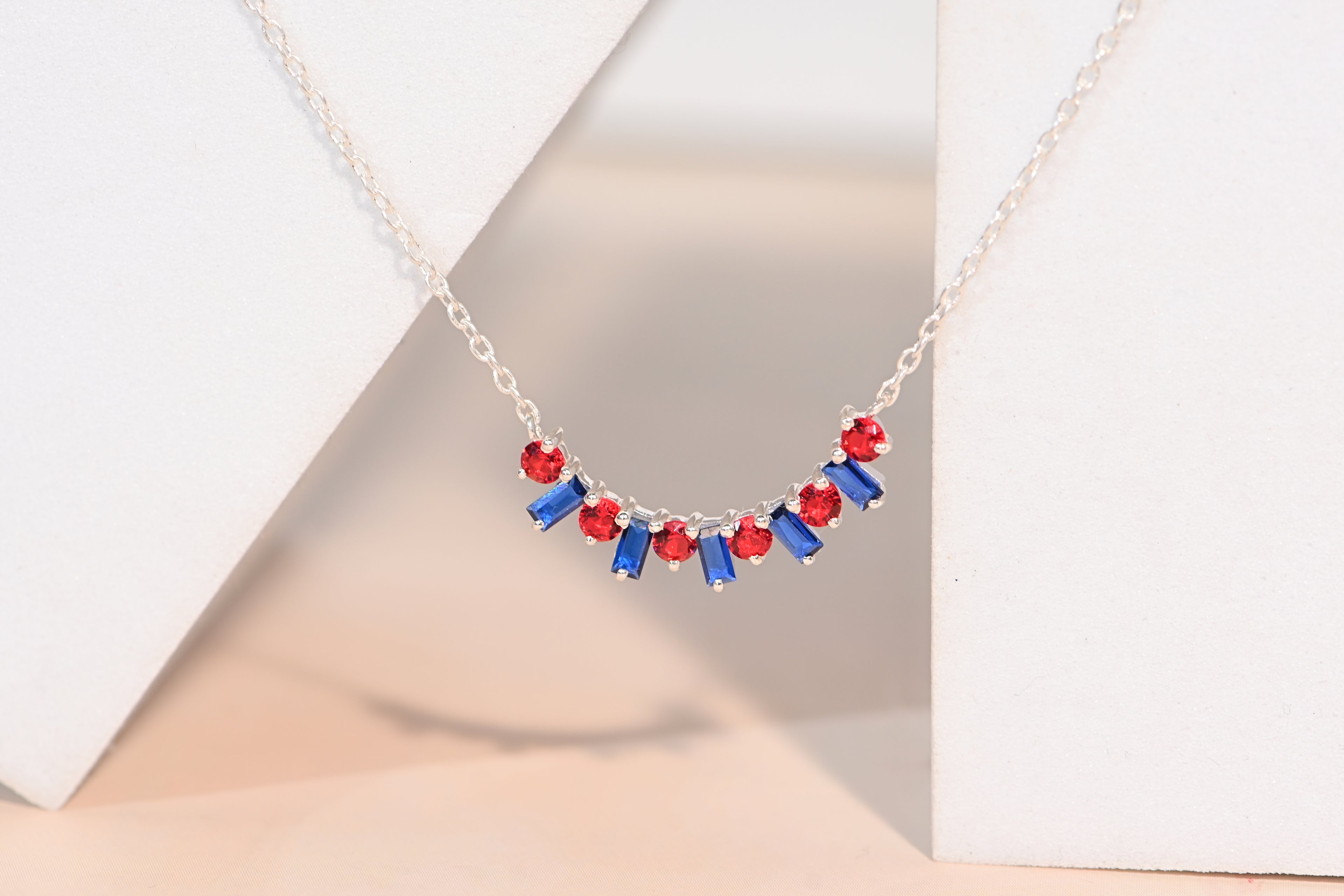 Red & Blue Lab-Created Sapphire Necklace – 925 Sterling Silver