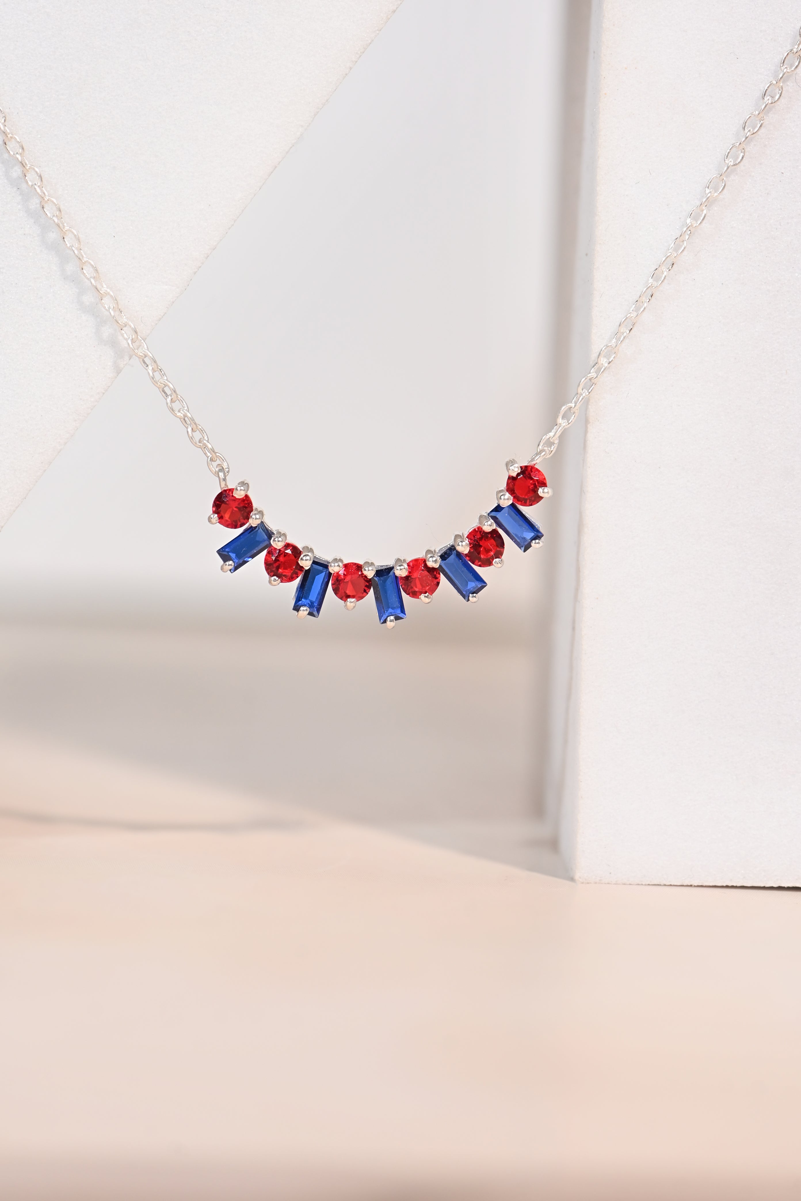 Red & Blue Lab-Created Sapphire Necklace – 925 Sterling Silver