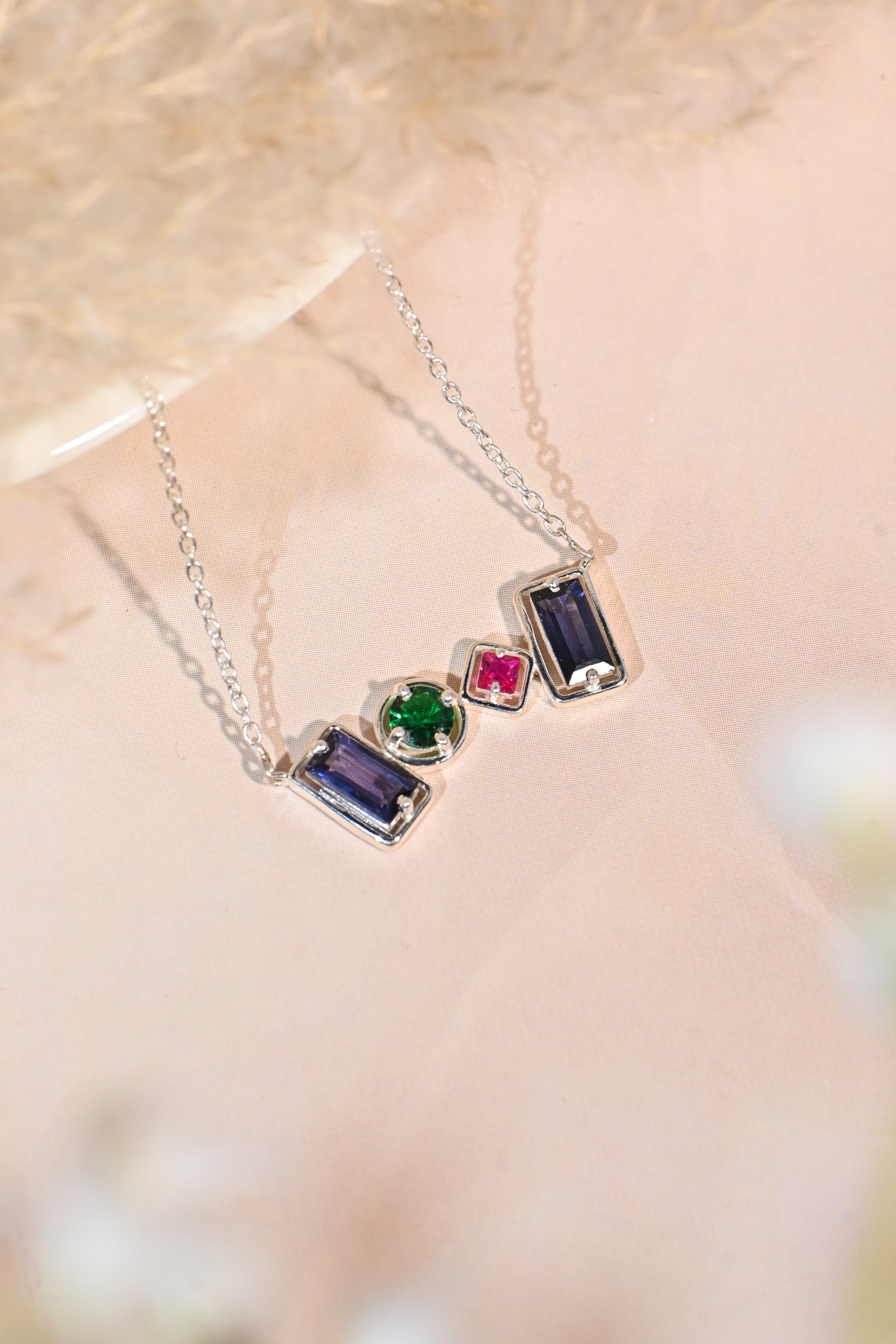 Geometric Lab-Created Gemstone Necklace – Blue, Green & Pink in 925 Sterling Silver