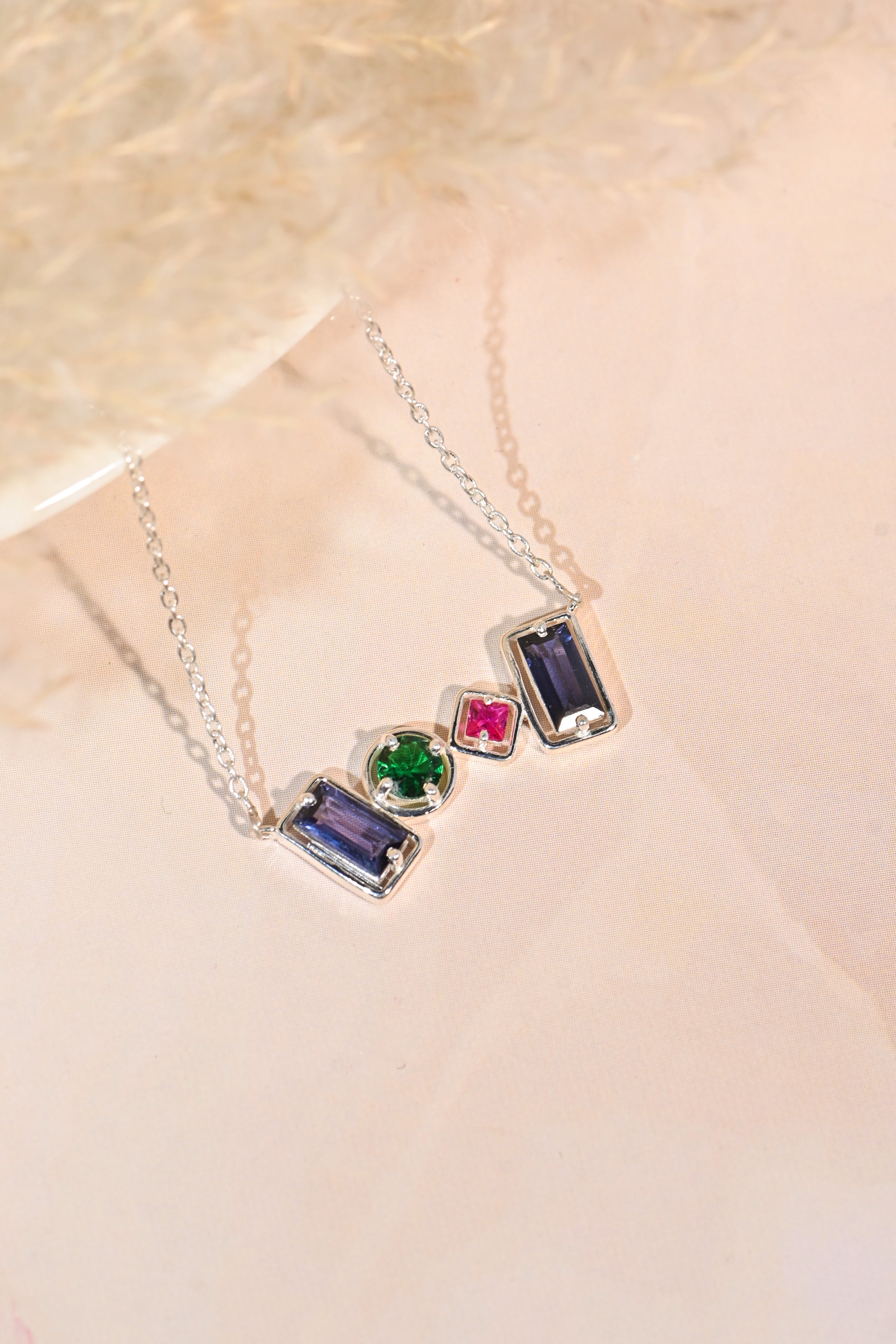 Geometric Lab-Created Gemstone Necklace – Blue, Green & Pink in 925 Sterling Silver