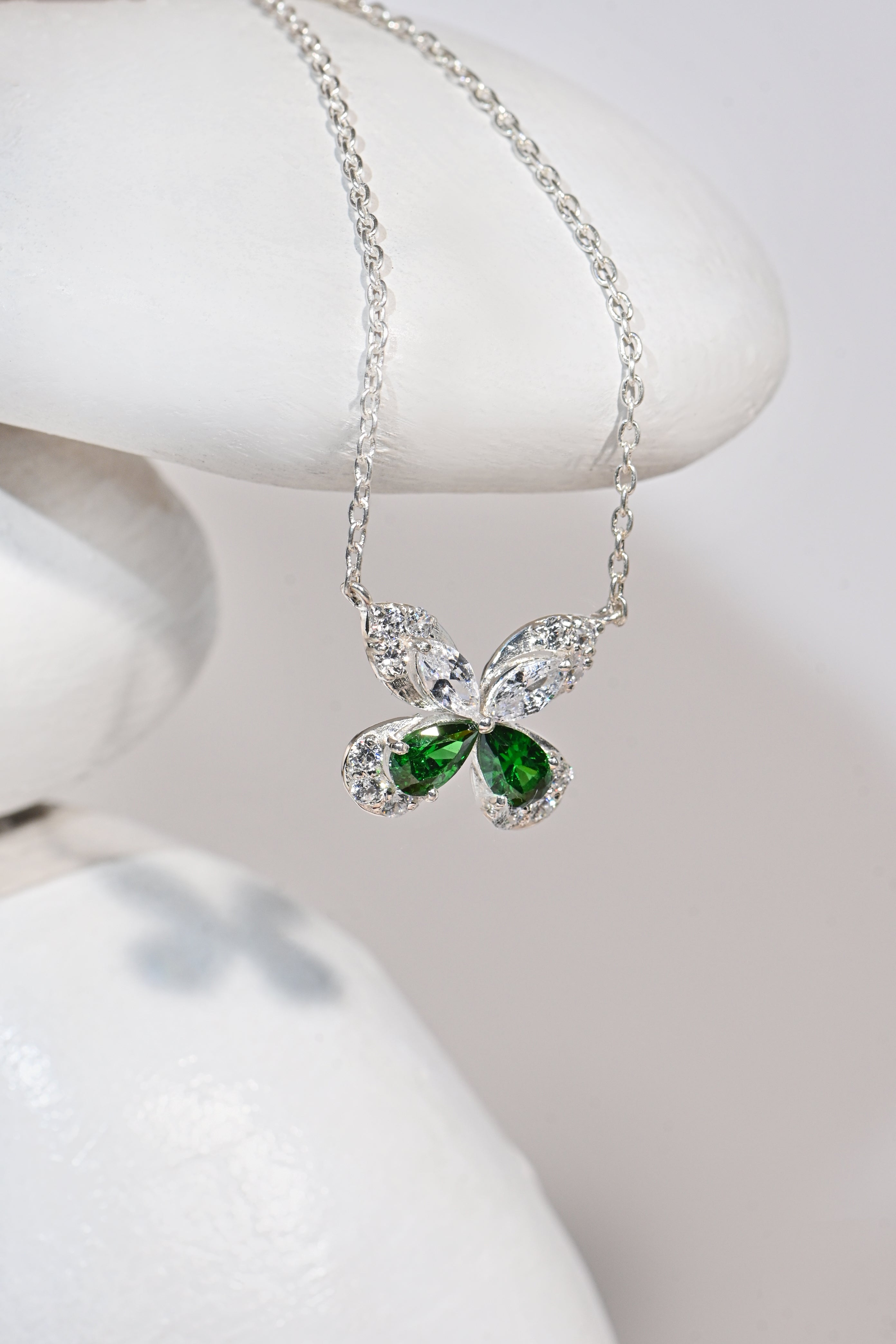 Butterfly Pendant Necklace with Lab Emerald and Moissanite in Silver