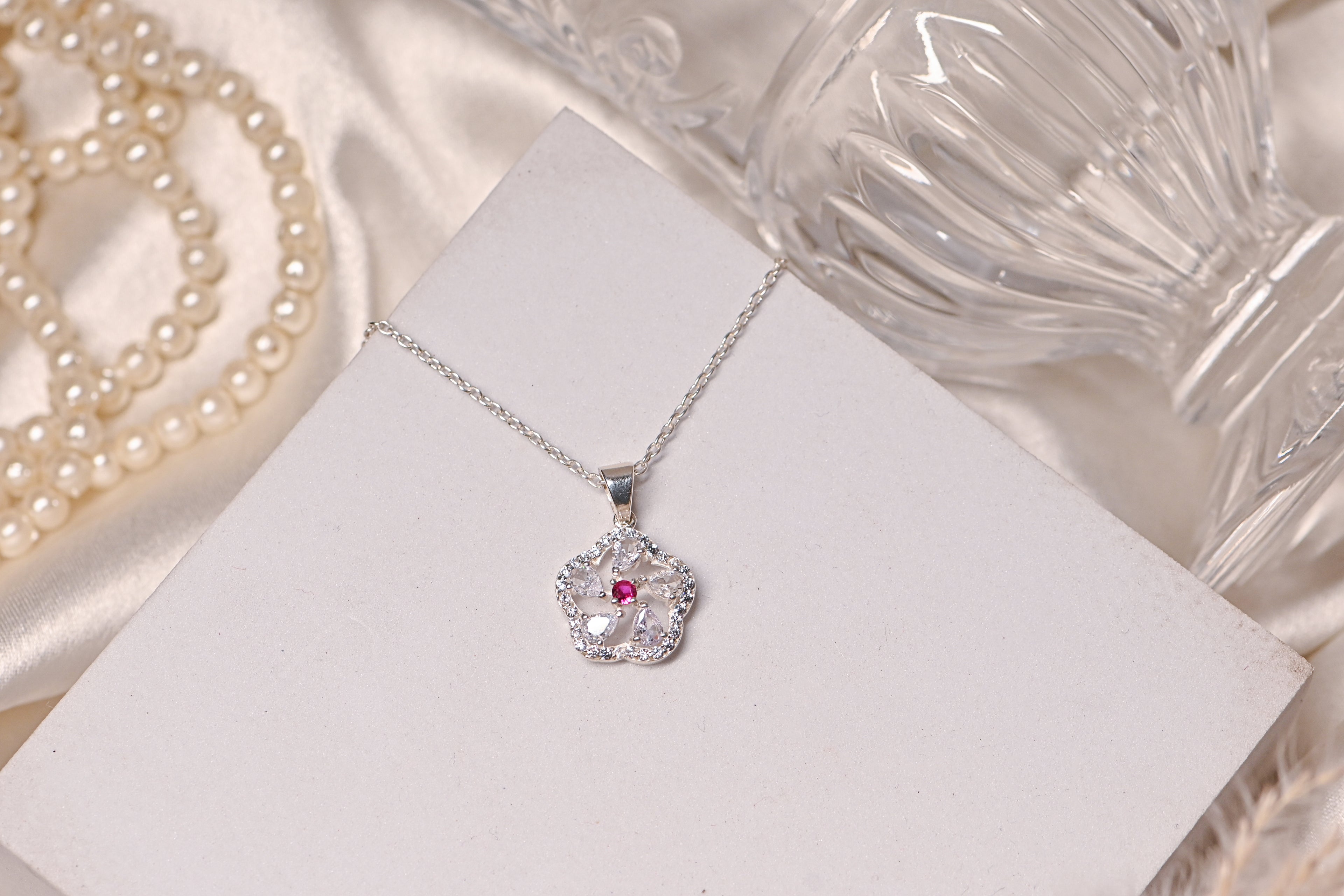 925 Sterling Silver Floral Pendant with Lab-Created Ruby & Moissanite Accents