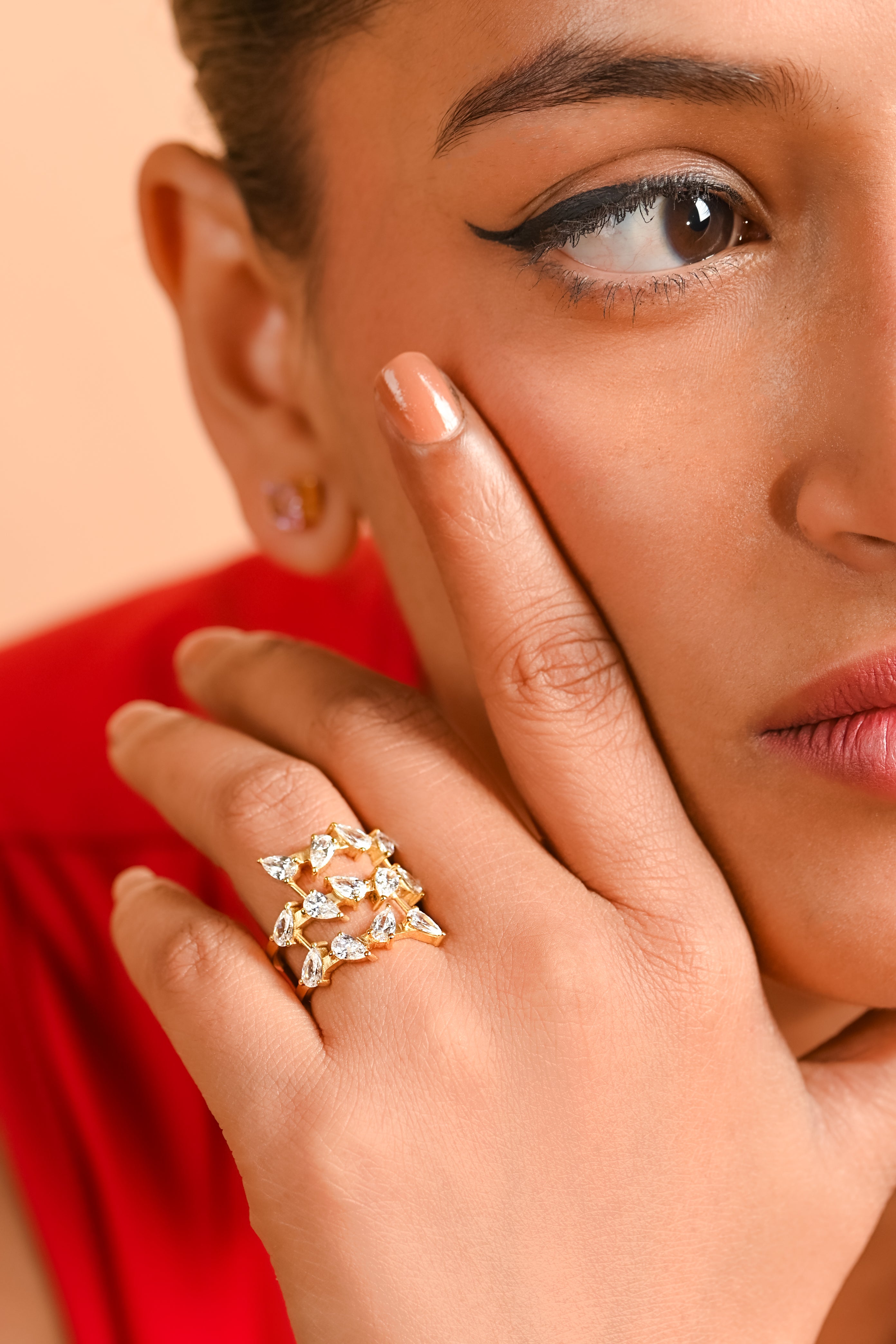 Gold-Plated 925 Sterling Silver Triple Row Ring with Pear-Cut Cubic Zirconia