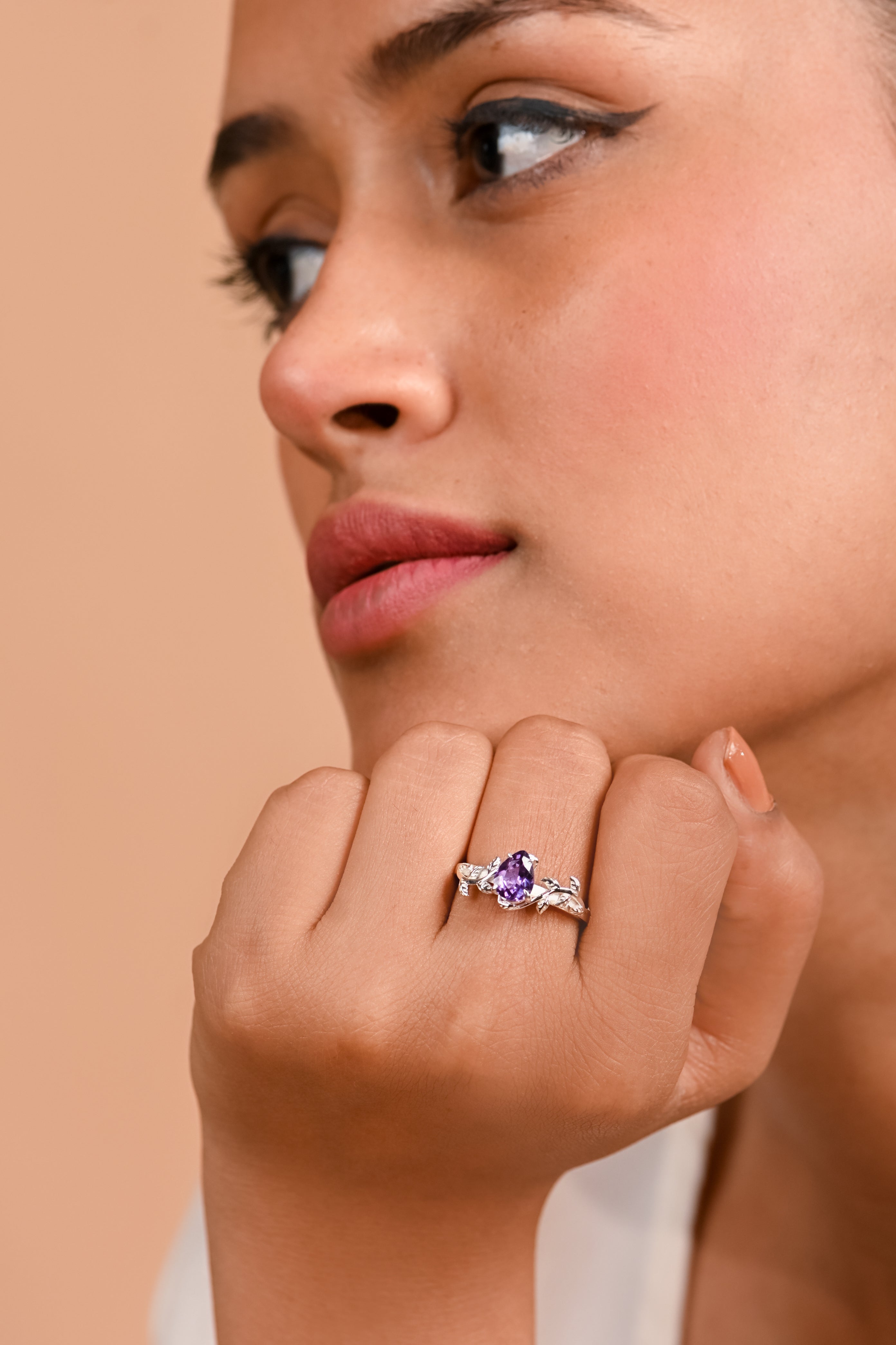 Alexandrite & Moissanite Leaf Ring In 925 Sterling Silver Teardrop Gemstone Ring