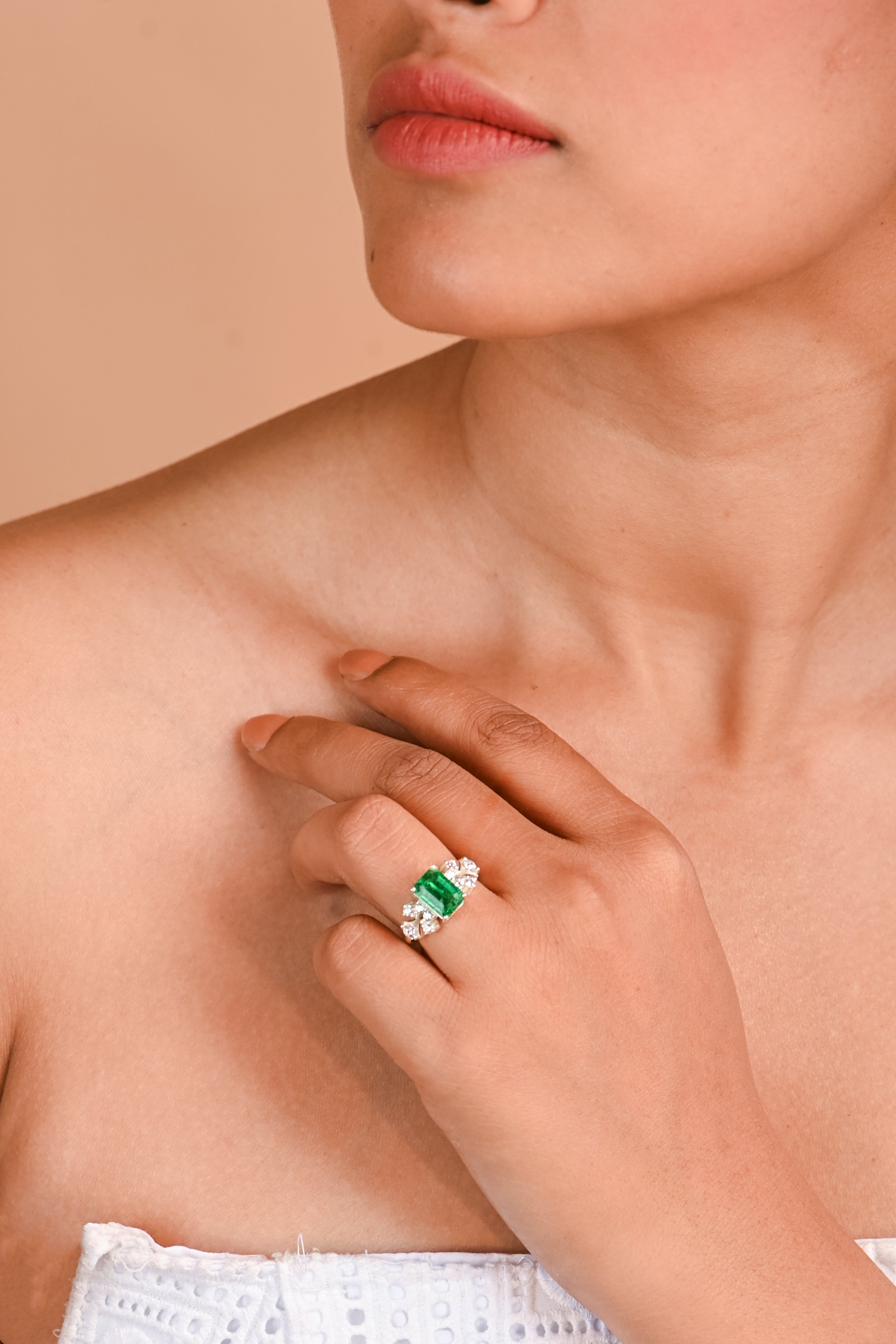 Sterling Silver Lab-Created Emerald Ring with Cubic Zirconia Accents – Vintage Floral Design