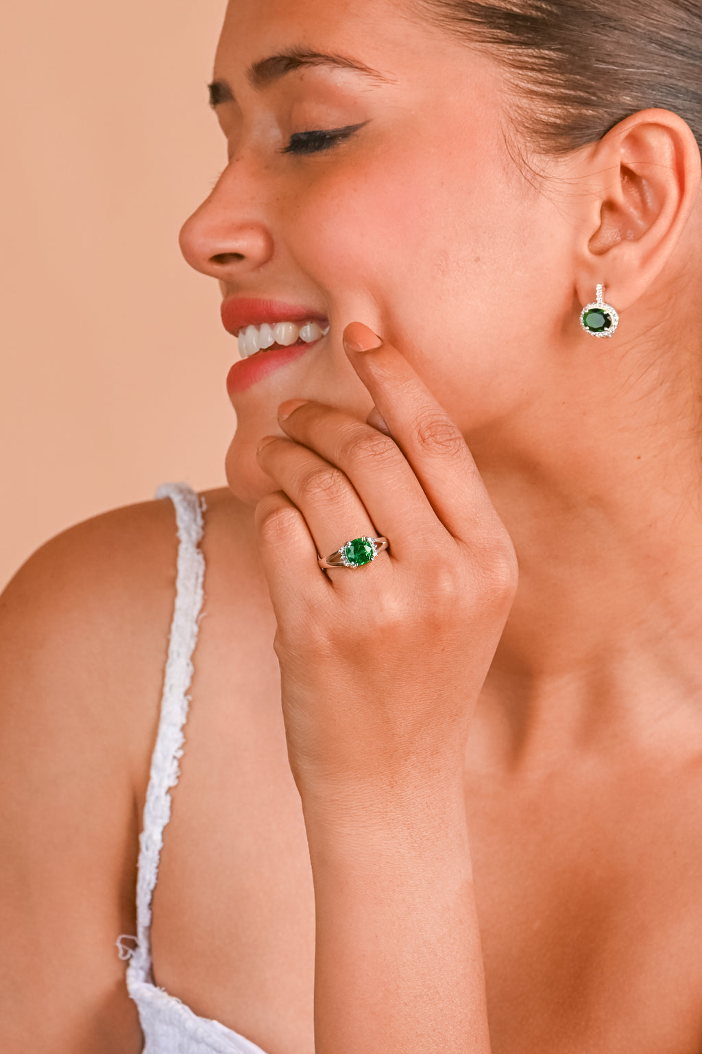 Round Lab-Created Emerald & CZ Accent Ring – 925 Sterling Silver